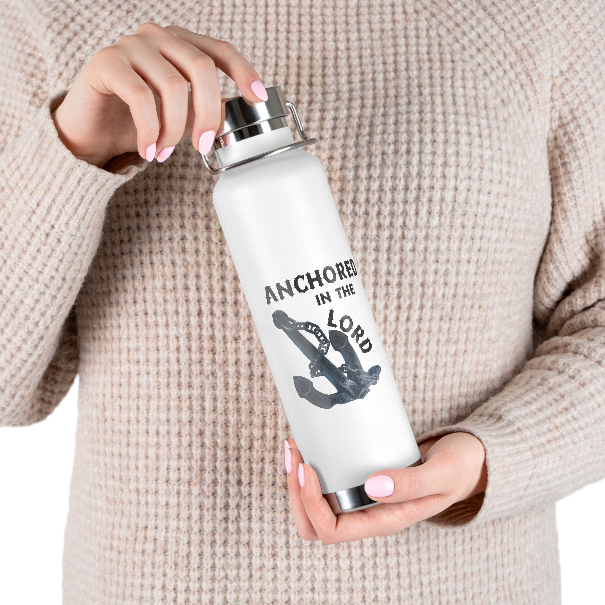 "Anchored in the Lord" 22oz Insulated Water Bottle — Black