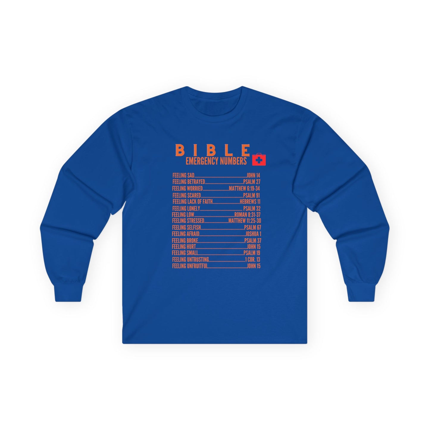 Bible Emergency Numbers Long Sleeve Tee - Orange