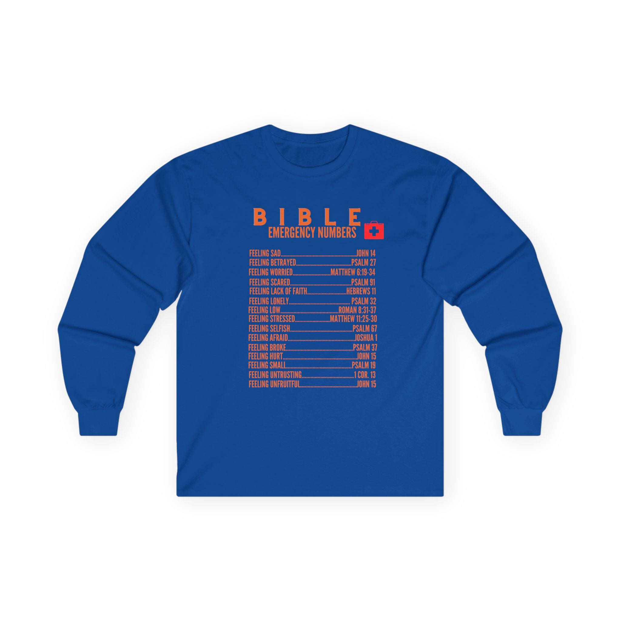 Bible Emergency Numbers Long Sleeve Tee - Orange