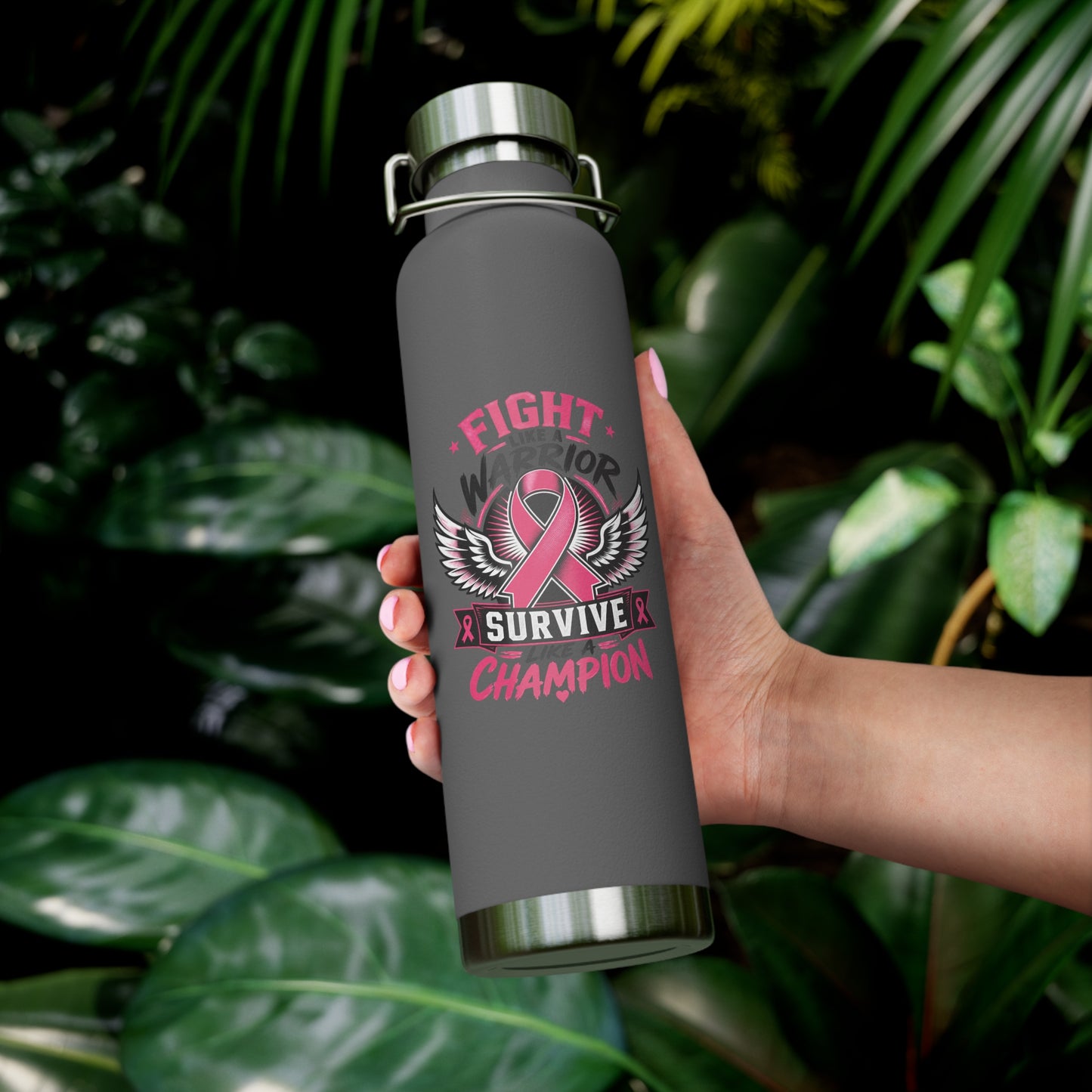 Fight Warrior Survive Champion Pink Ribbon 22oz Insulated Water Bottle