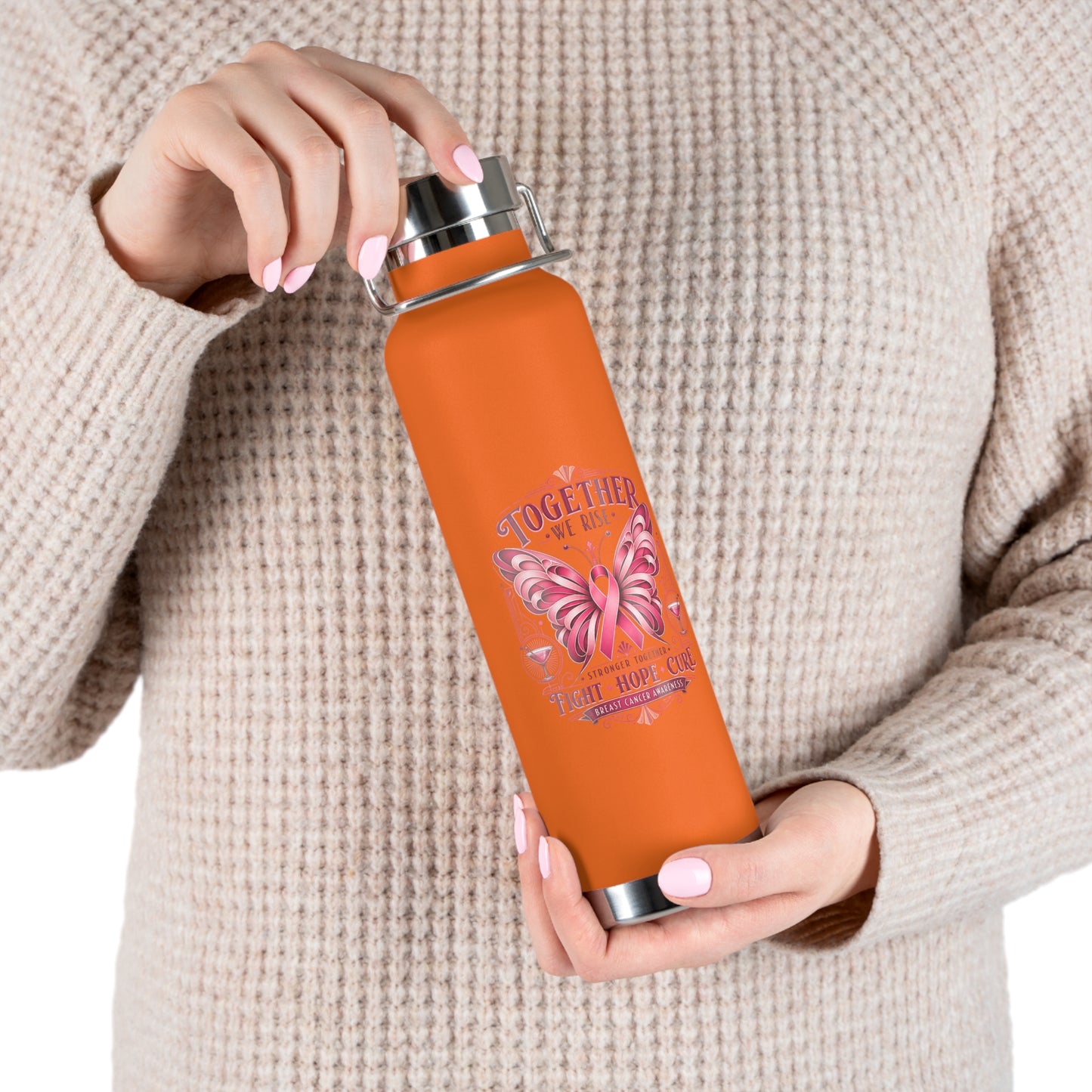 Together We Fight Pink Ribbon Butterfly Cancer 22oz Insulated Water Bottle