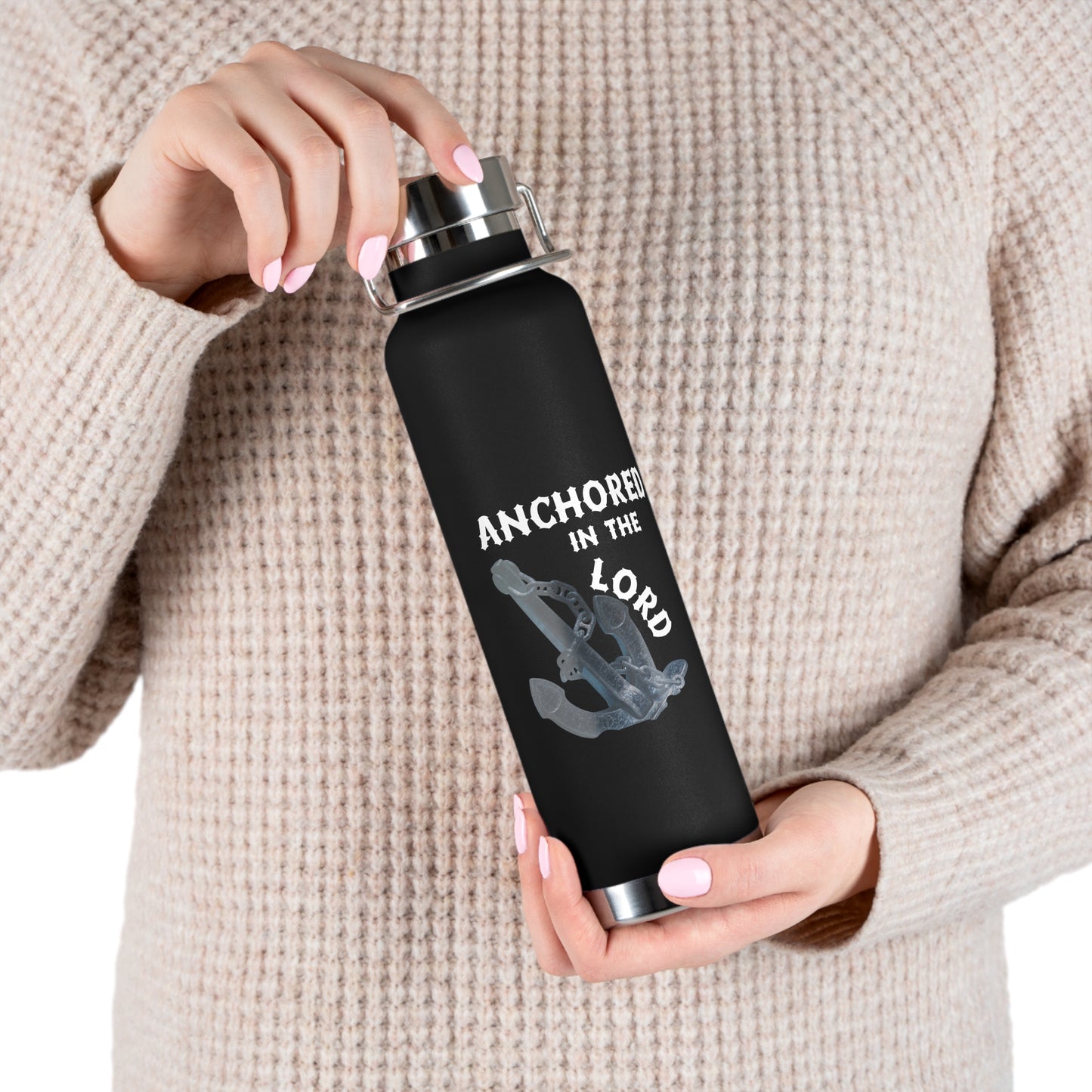 "Anchored in the Lord" 22oz Insulated Water Bottle — White