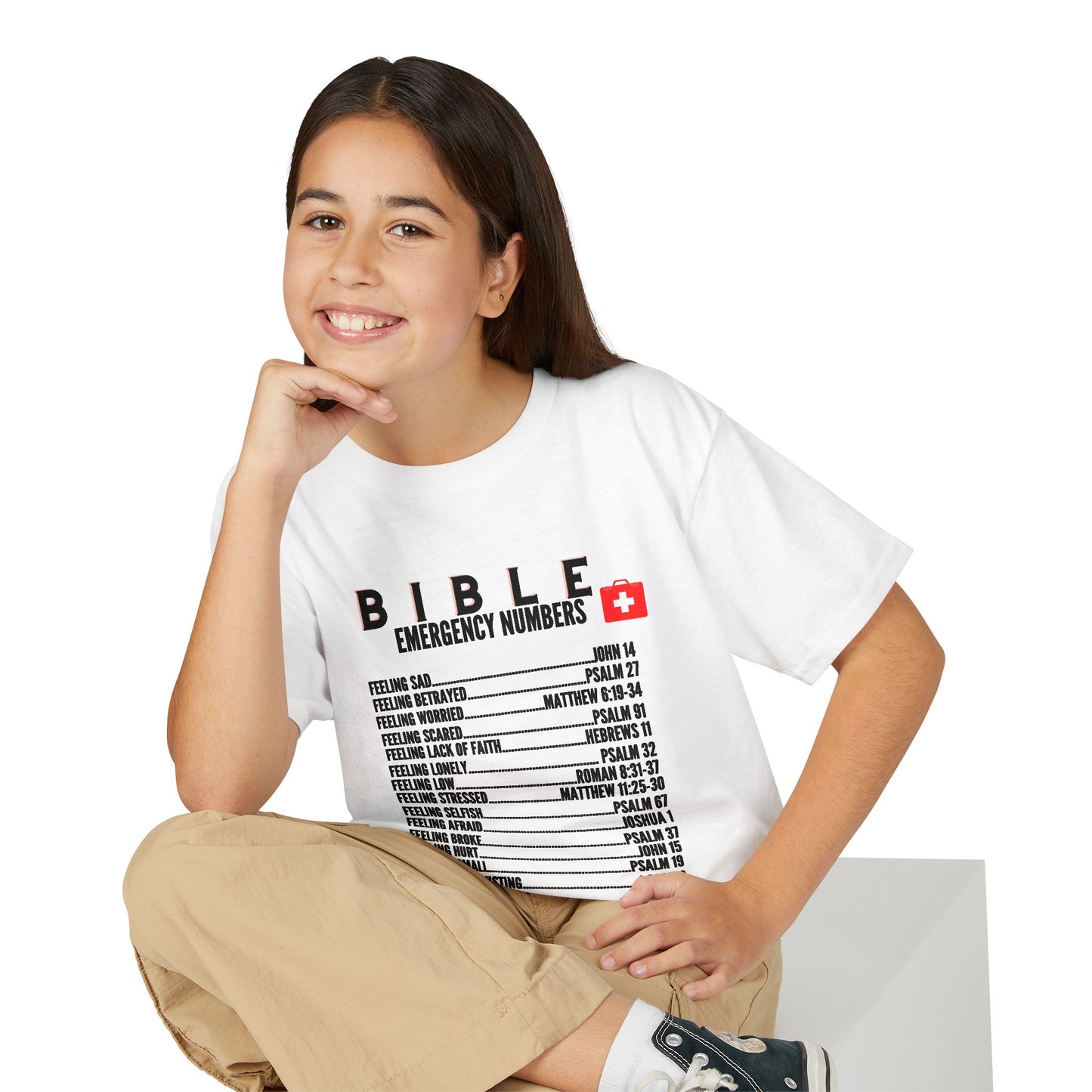 Bible Emergency Numbers Youth T-Shirt — Black