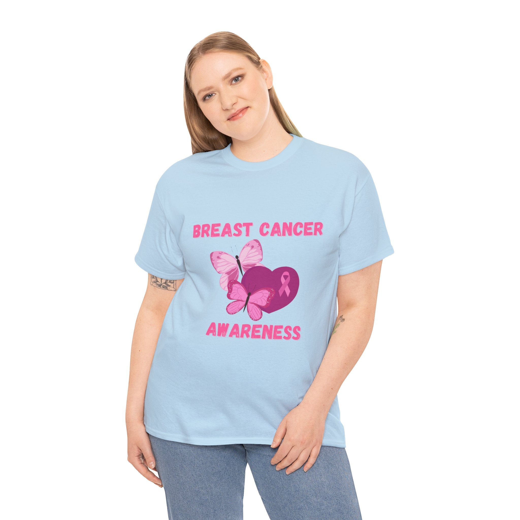 Breast Cancer Awareness Tee with Pink Butterfly & Ribbon