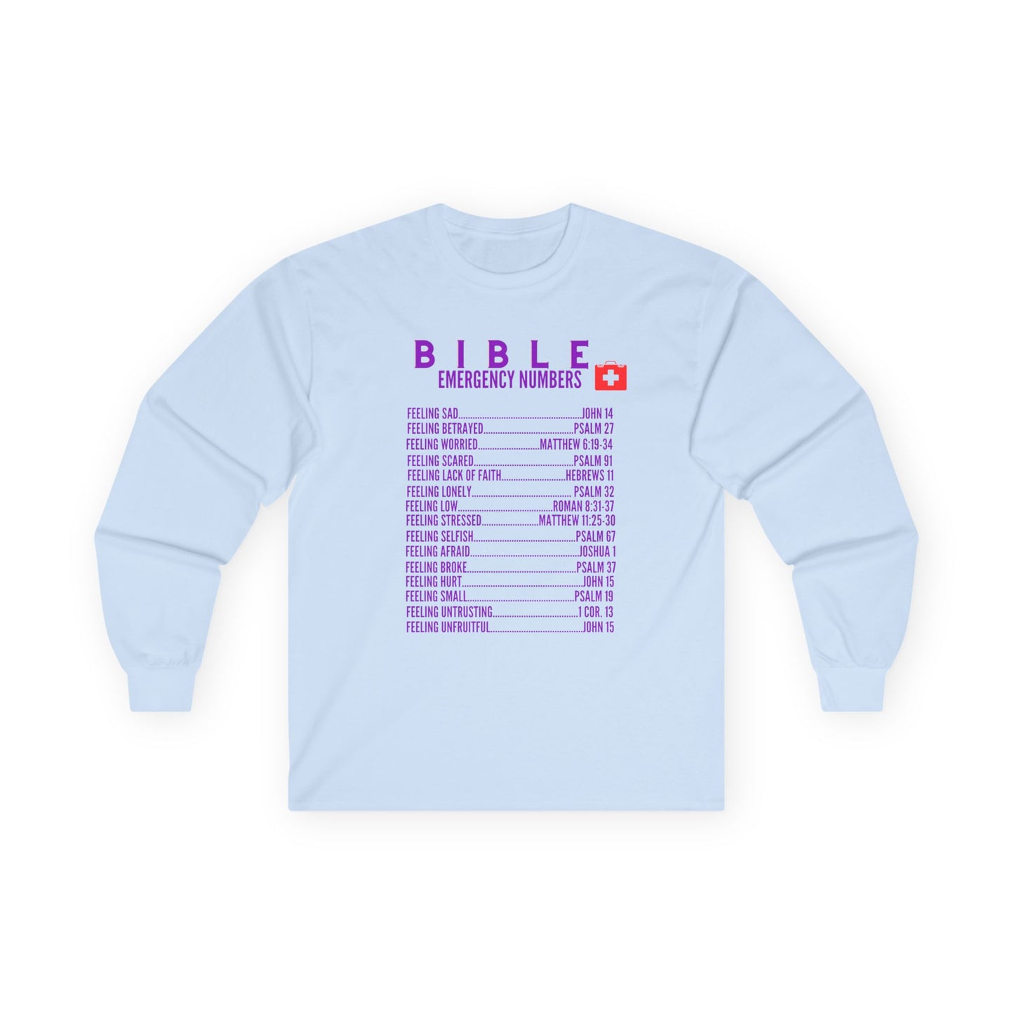Bible Emergency Numbers Long Sleeve Tee - Purple