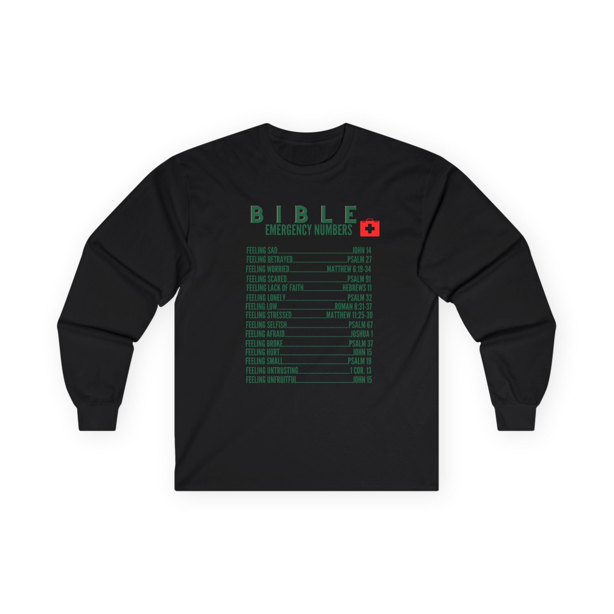 Bible Emergency Numbers Long Sleeve Tee - Green