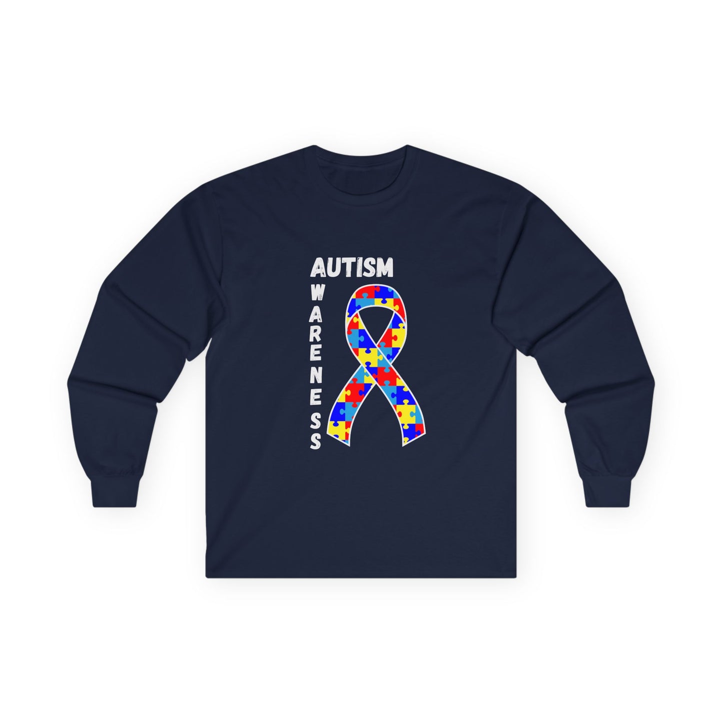 Autism Puzzle Ribbon Long Sleeve Tee — White