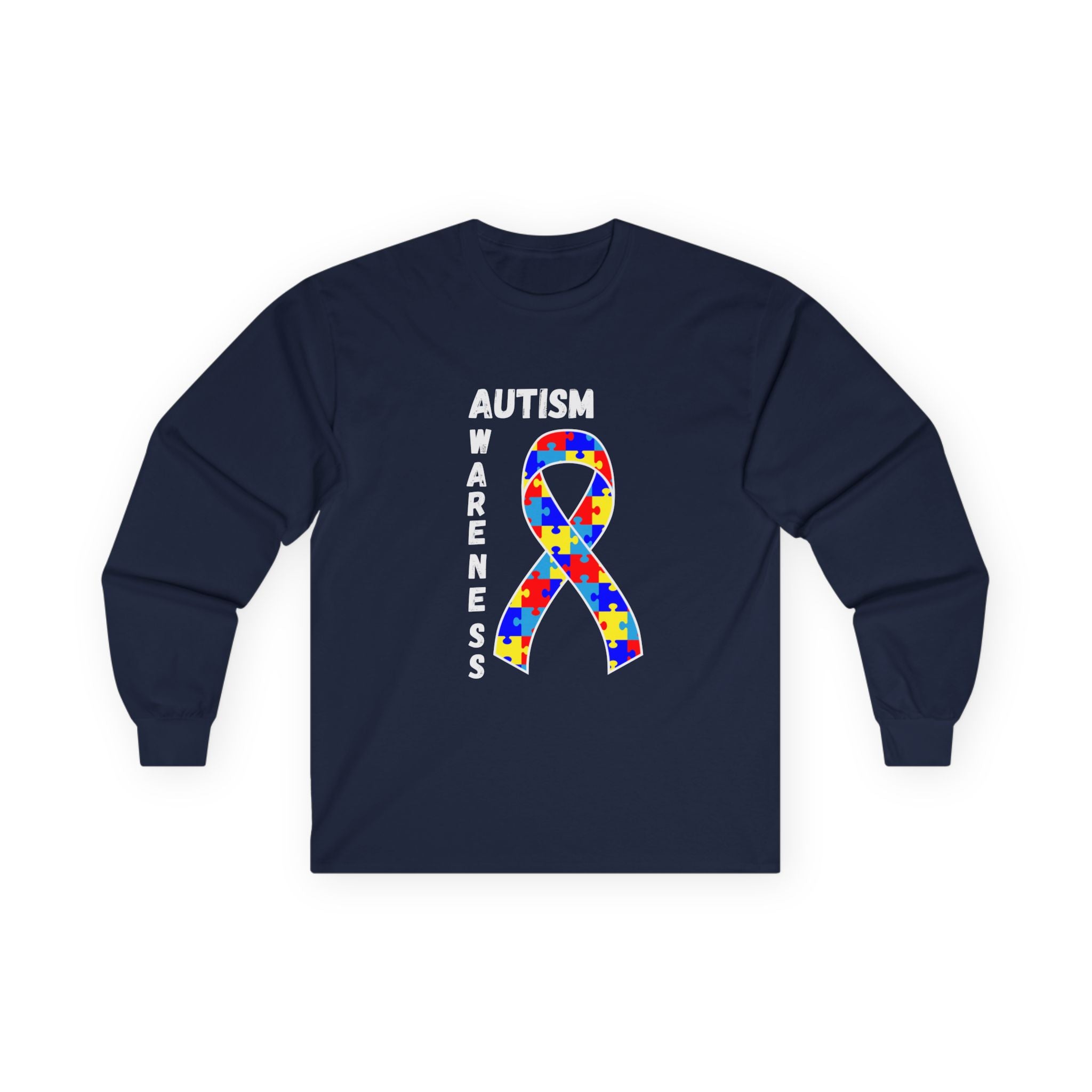 Autism Puzzle Ribbon Long Sleeve Tee — White