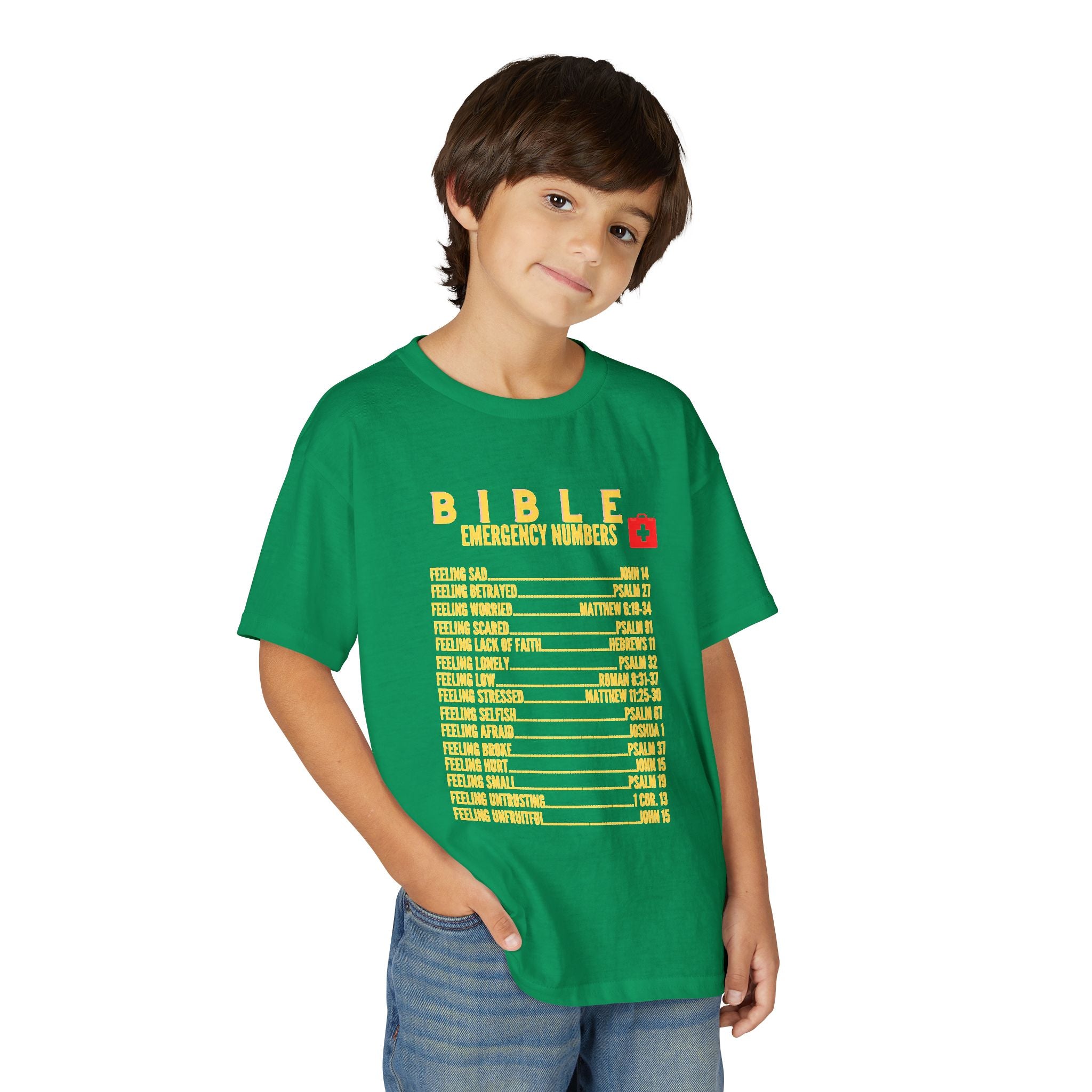 Bible Emergency Numbers Youth T-Shirt — Yellow