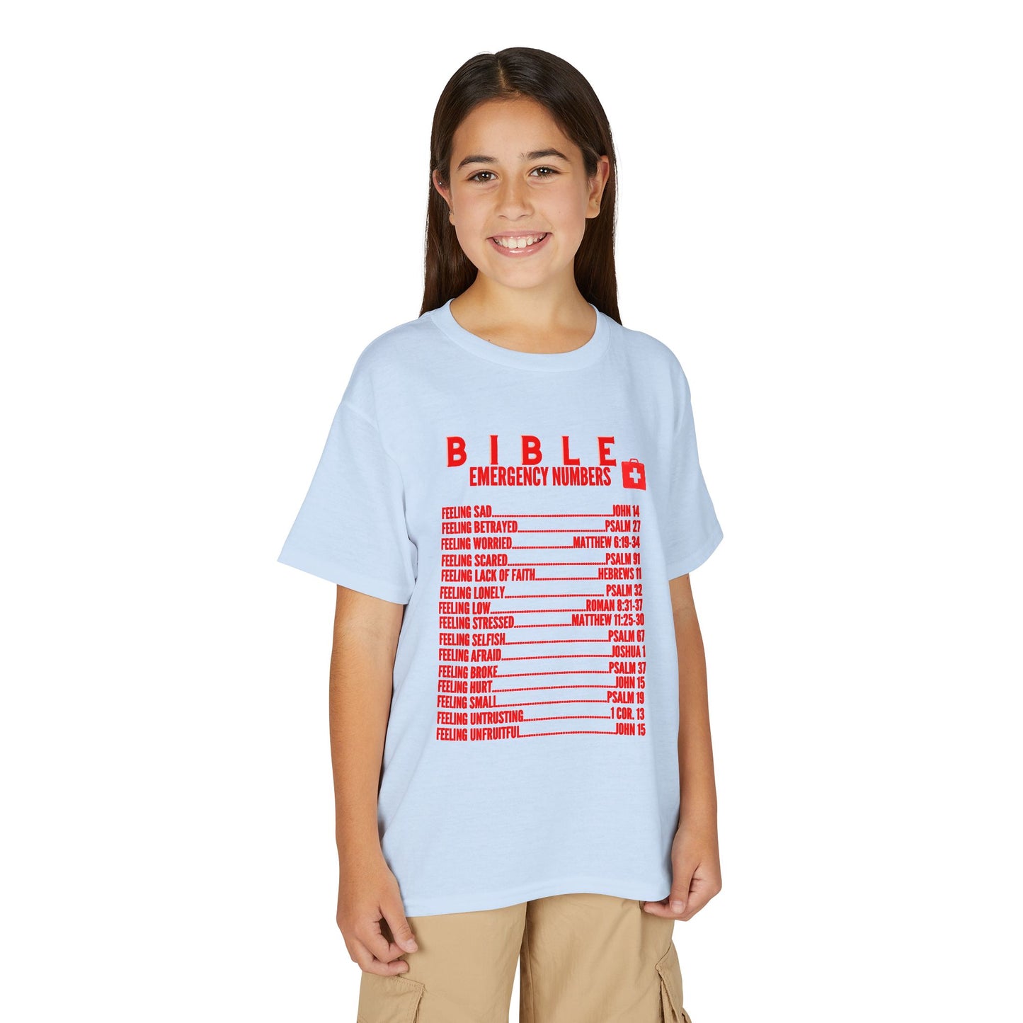 Bible Emergency Numbers Youth T-Shirt — Red