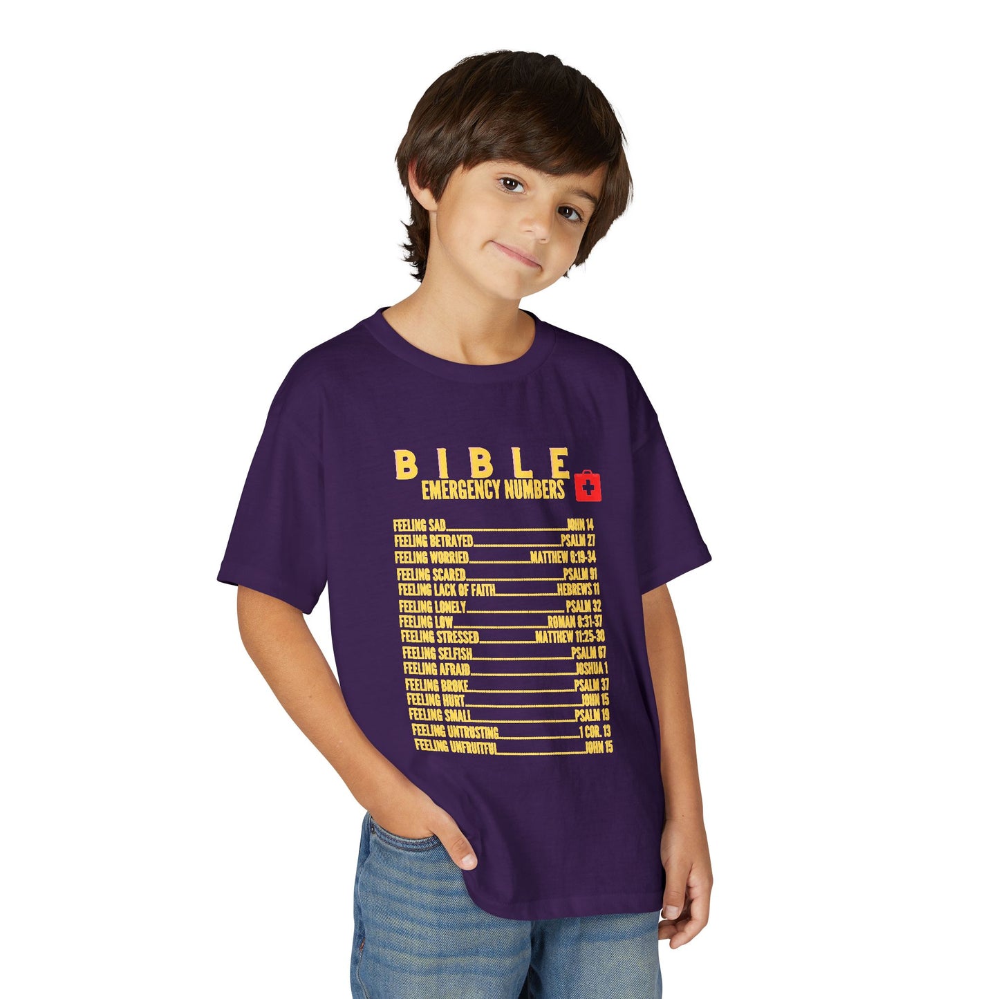 Bible Emergency Numbers Youth T-Shirt — Yellow