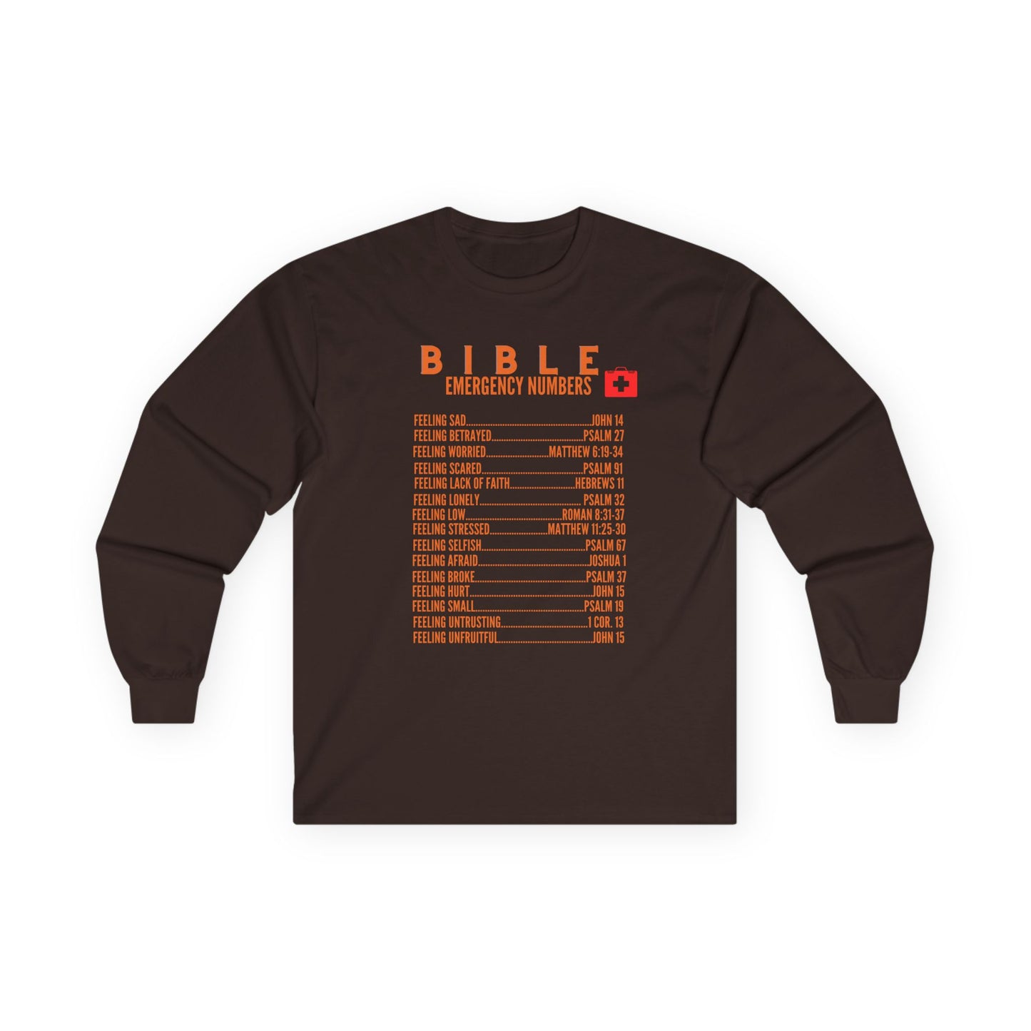 Bible Emergency Numbers Long Sleeve Tee - Orange