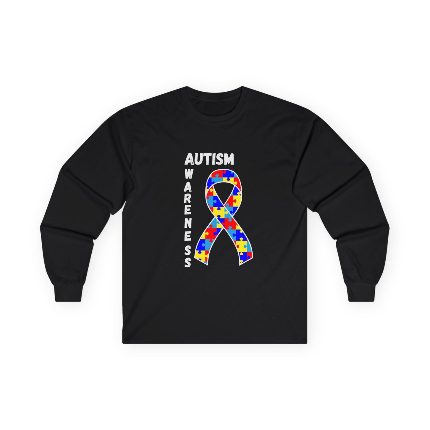 Autism Puzzle Ribbon Long Sleeve Tee — White