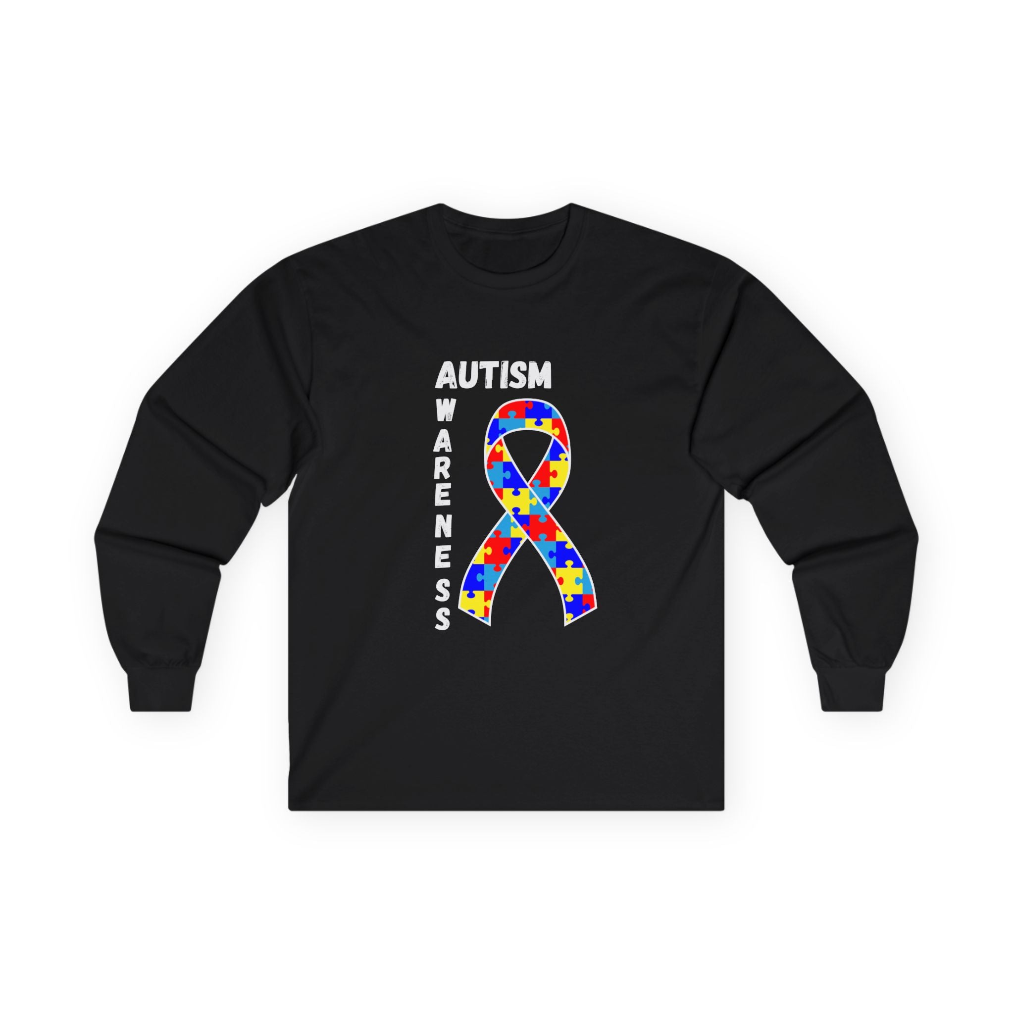 Autism Puzzle Ribbon Long Sleeve Tee — White