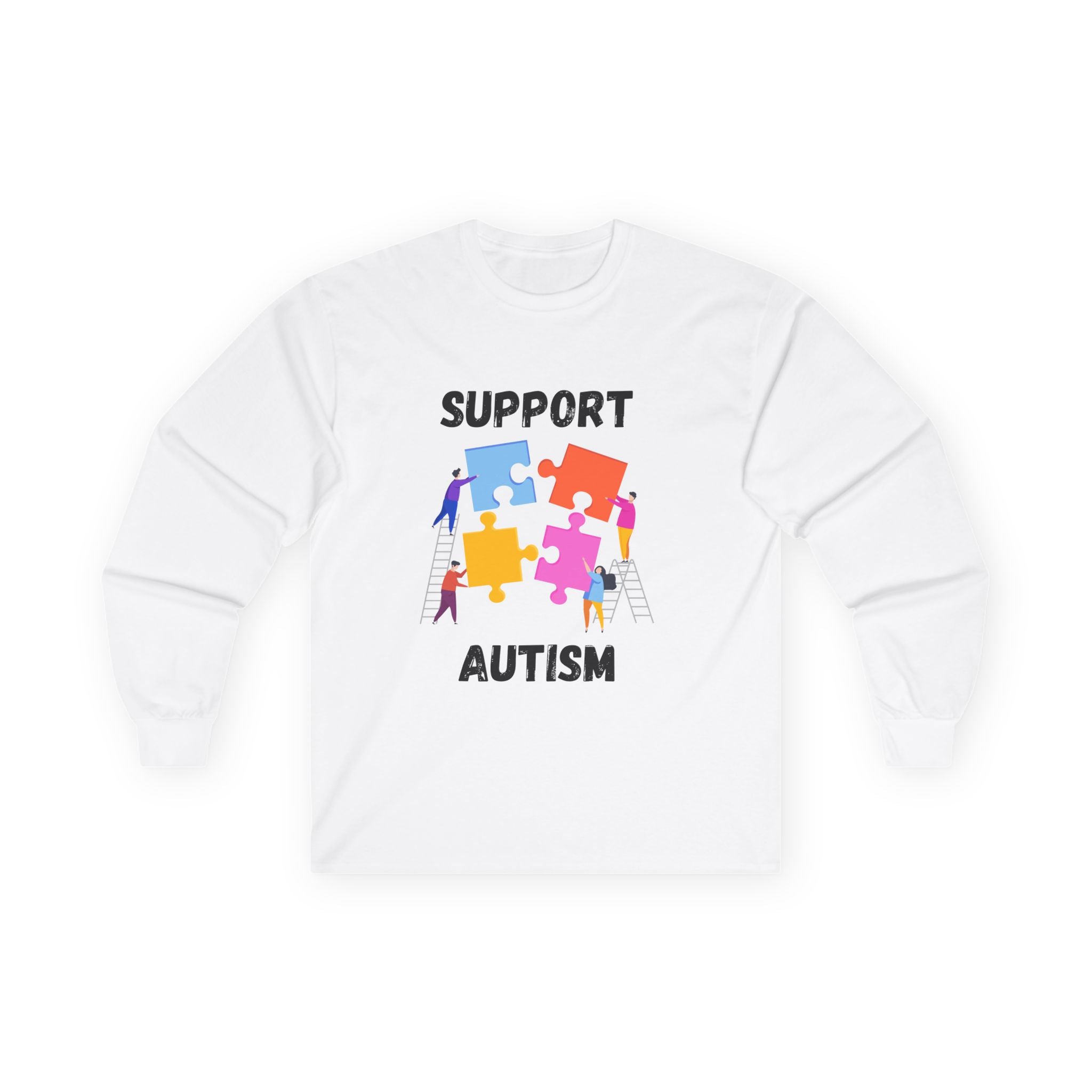 Support Autism Long Sleeve Tee — Puzzle Piece Awareness Shirt - Blk