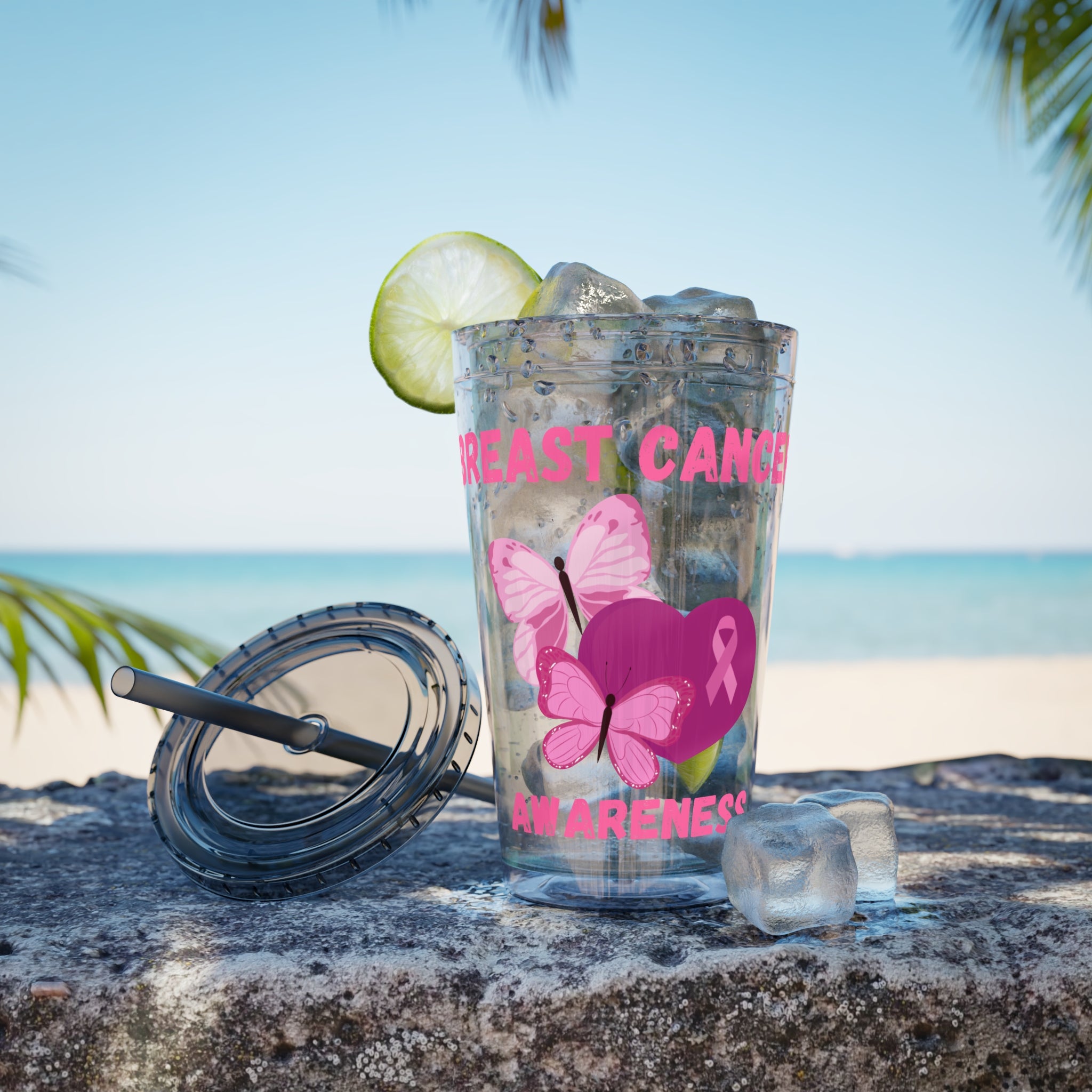 Breast Cancer Awareness 16oz Tumbler with Straw - Butterfly, Heart