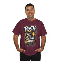 Man wearing a maroon t-shirt with motivational text design on a white background