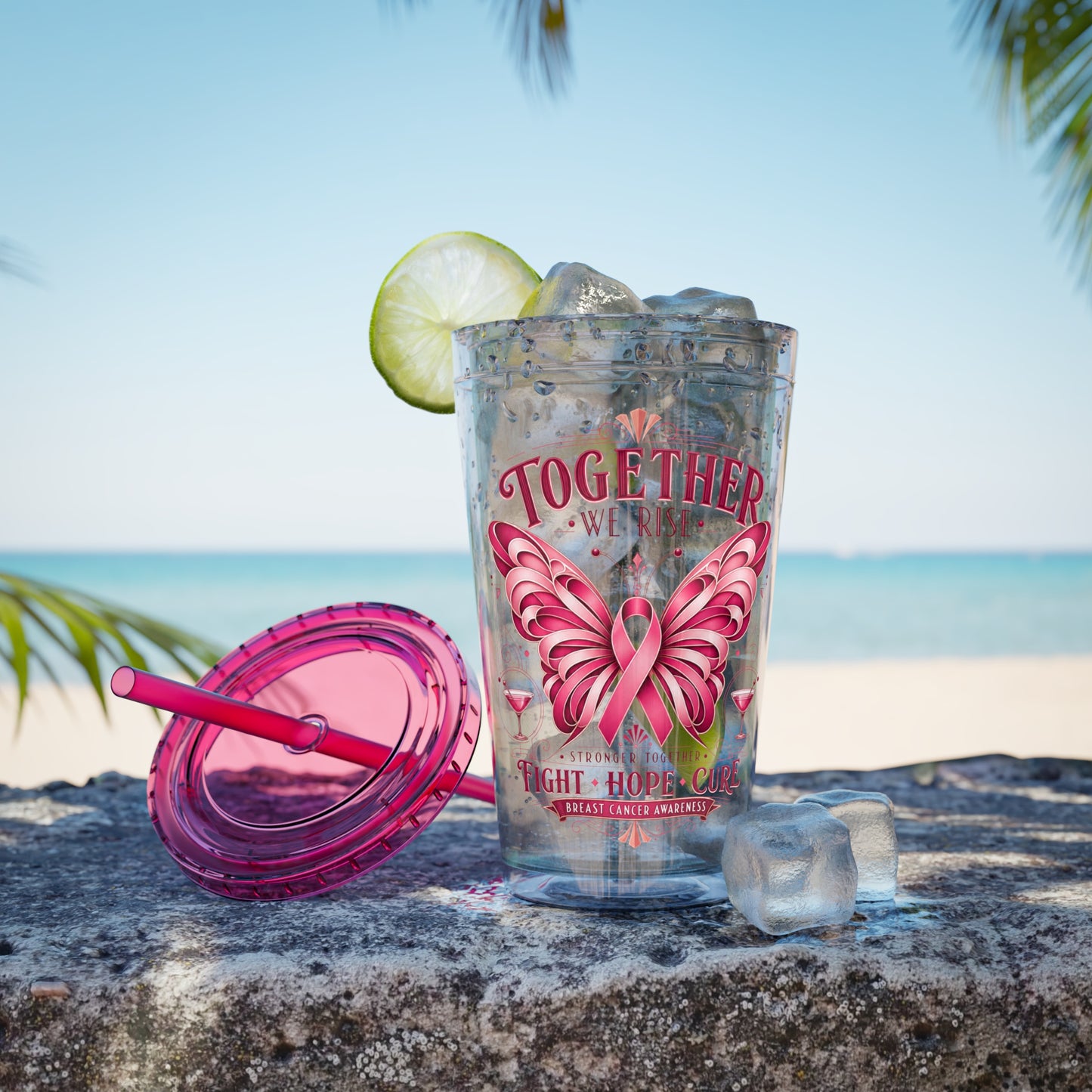 Together We Rise Butterfly Breast Cancer 16oz Tumbler with Straw