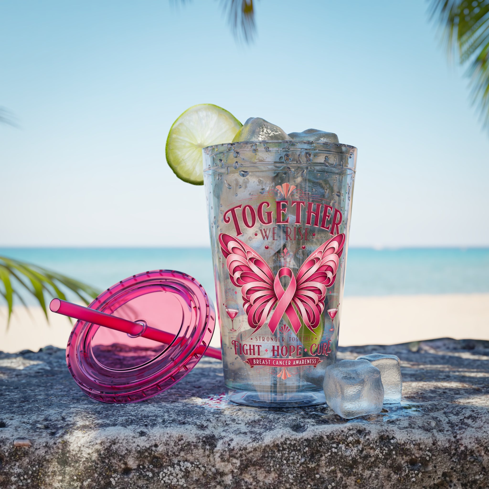 Together We Rise Butterfly Breast Cancer 16oz Tumbler with Straw