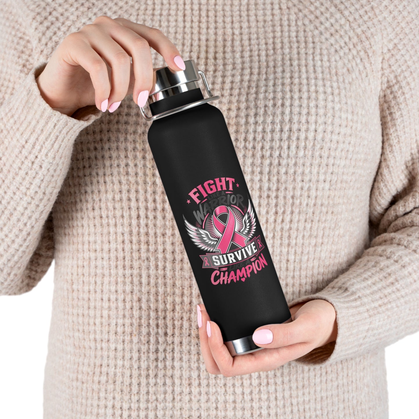 Fight Warrior Survive Champion Pink Ribbon 22oz Insulated Water Bottle