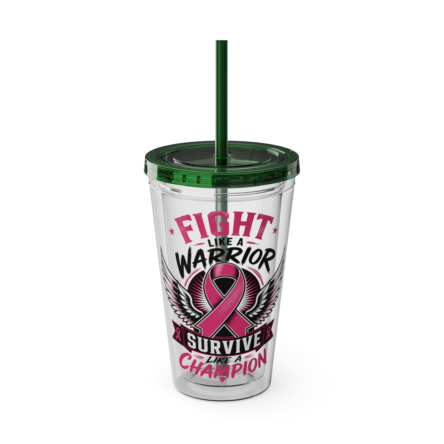 Fight Like a Warrior, Survive Like a Champion Breast Cancer Awareness 16oz Tumbler with Straw