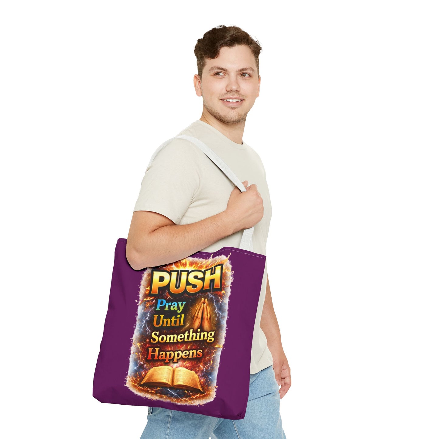Push Pray Until Something Happens Purple Tote Bag - Bible