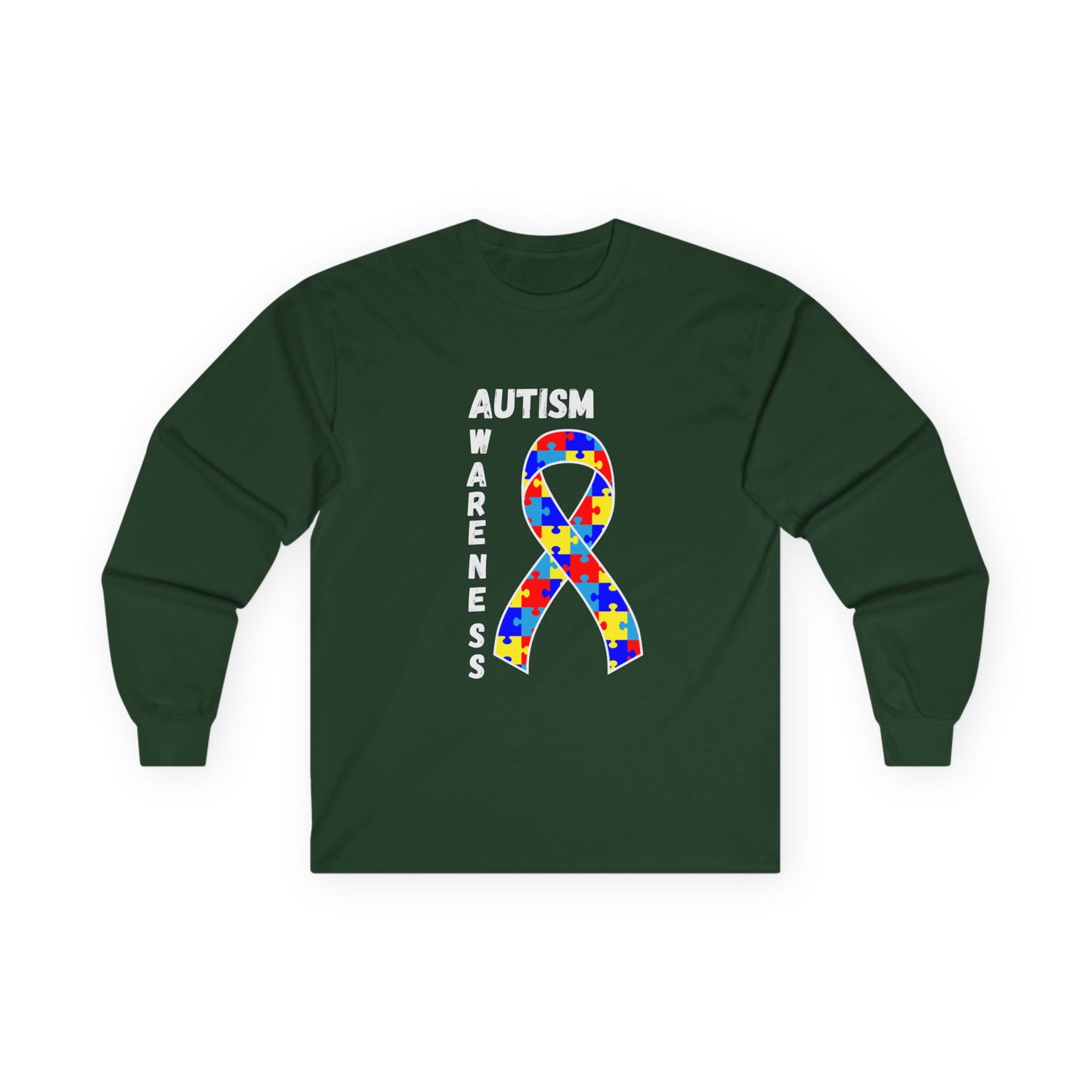 Autism Puzzle Ribbon Long Sleeve Tee — White
