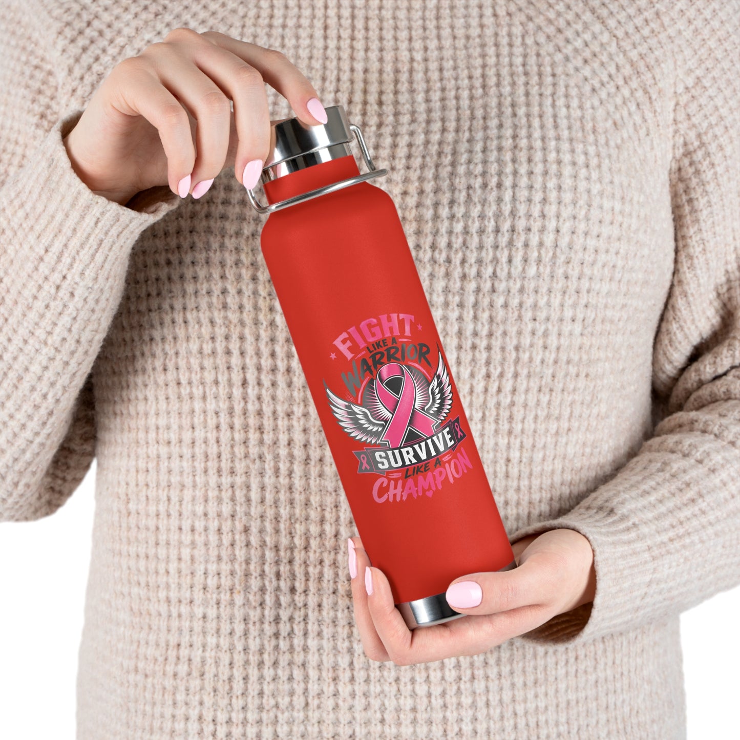 Fight Warrior Survive Champion Pink Ribbon 22oz Insulated Water Bottle