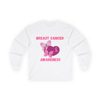 Breast Cancer Awareness Long Sleeve Tee — Pink Ribbon Butterfly Design