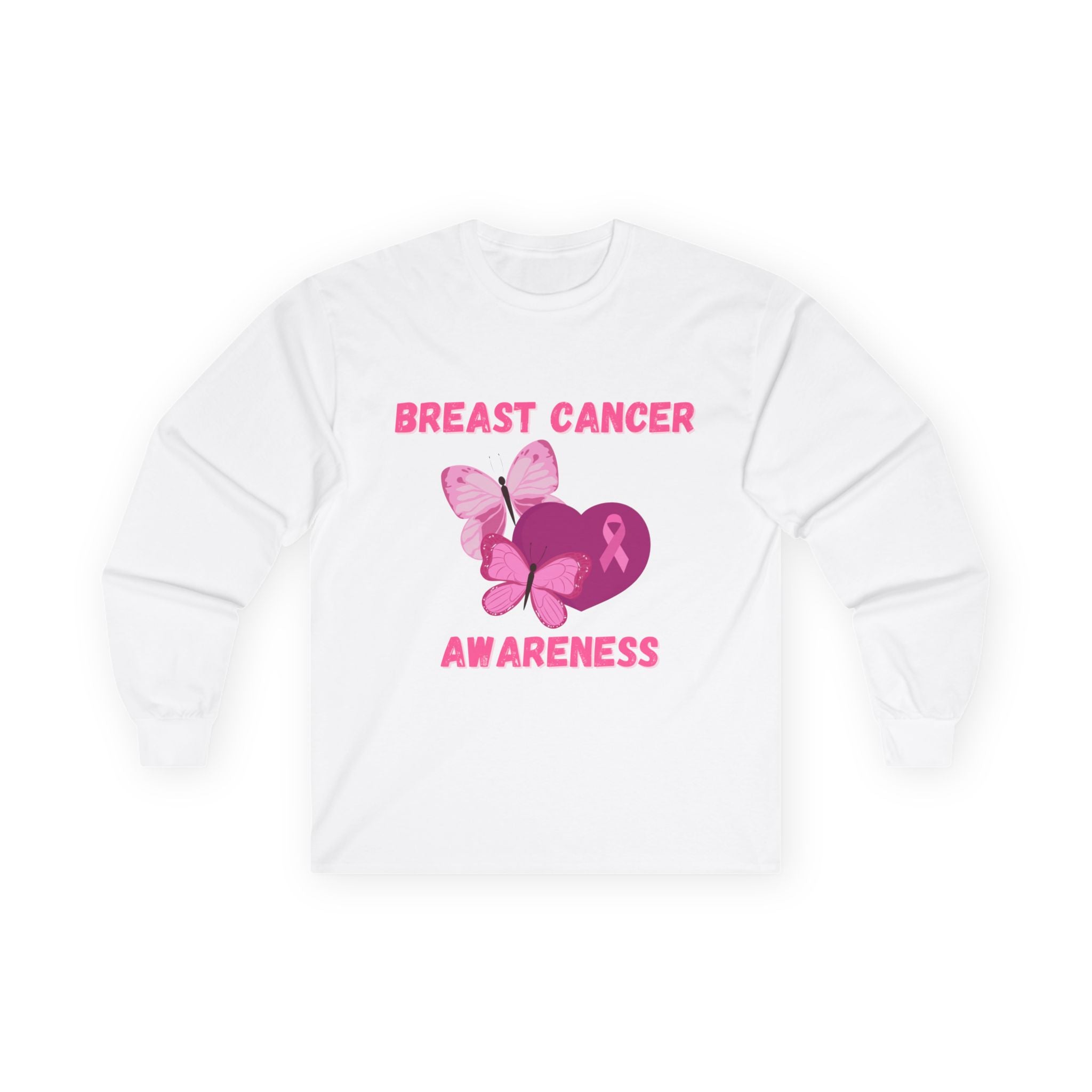 Breast Cancer Awareness Long Sleeve Tee — Pink Ribbon Butterfly Design
