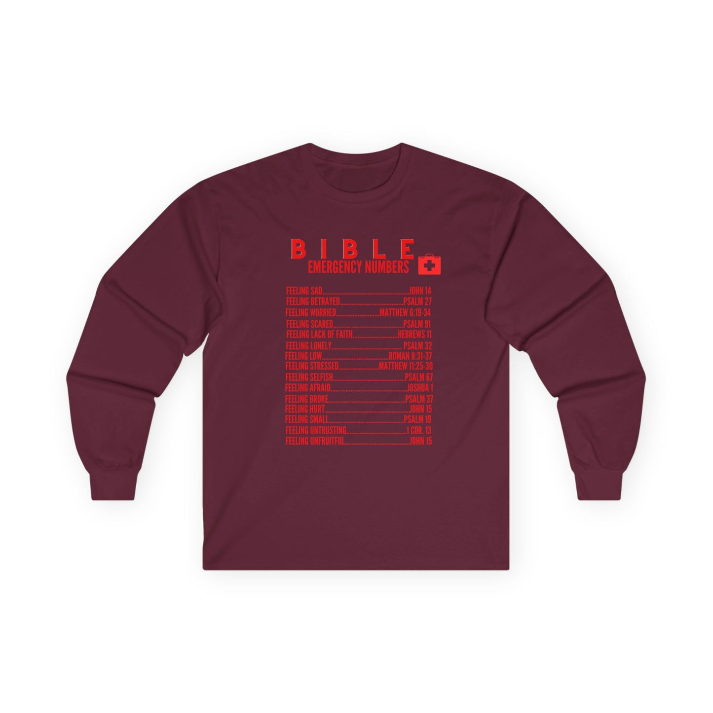 Bible Emergency Numbers Long Sleeve Tee - Red