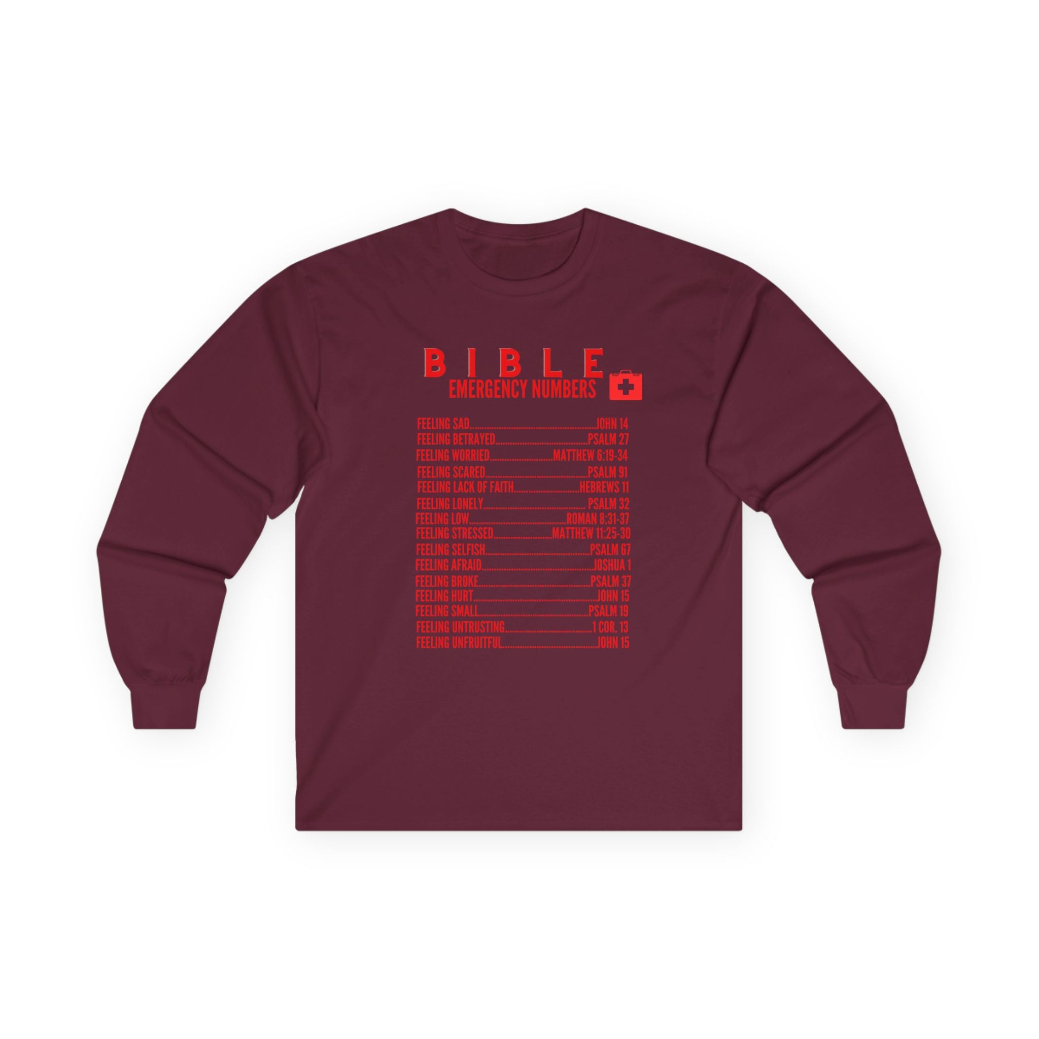 Bible Emergency Numbers Long Sleeve Tee - Red