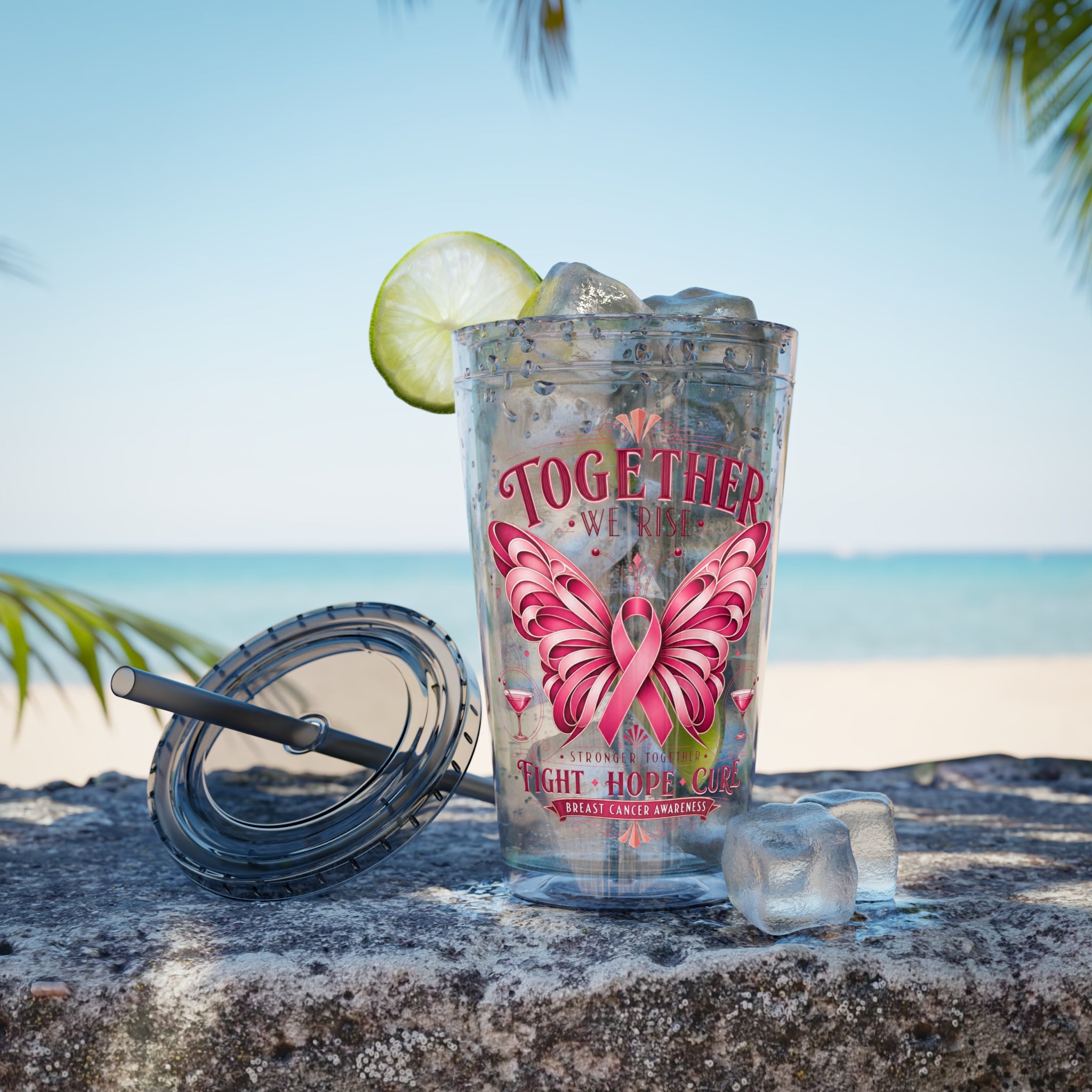Together We Rise Butterfly Breast Cancer 16oz Tumbler with Straw