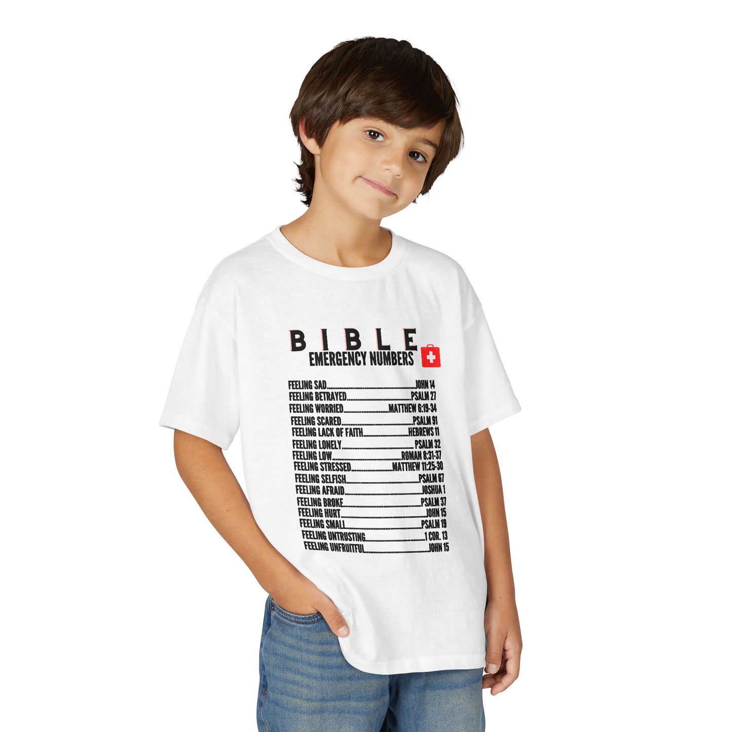 Bible Emergency Numbers Youth T-Shirt — Black