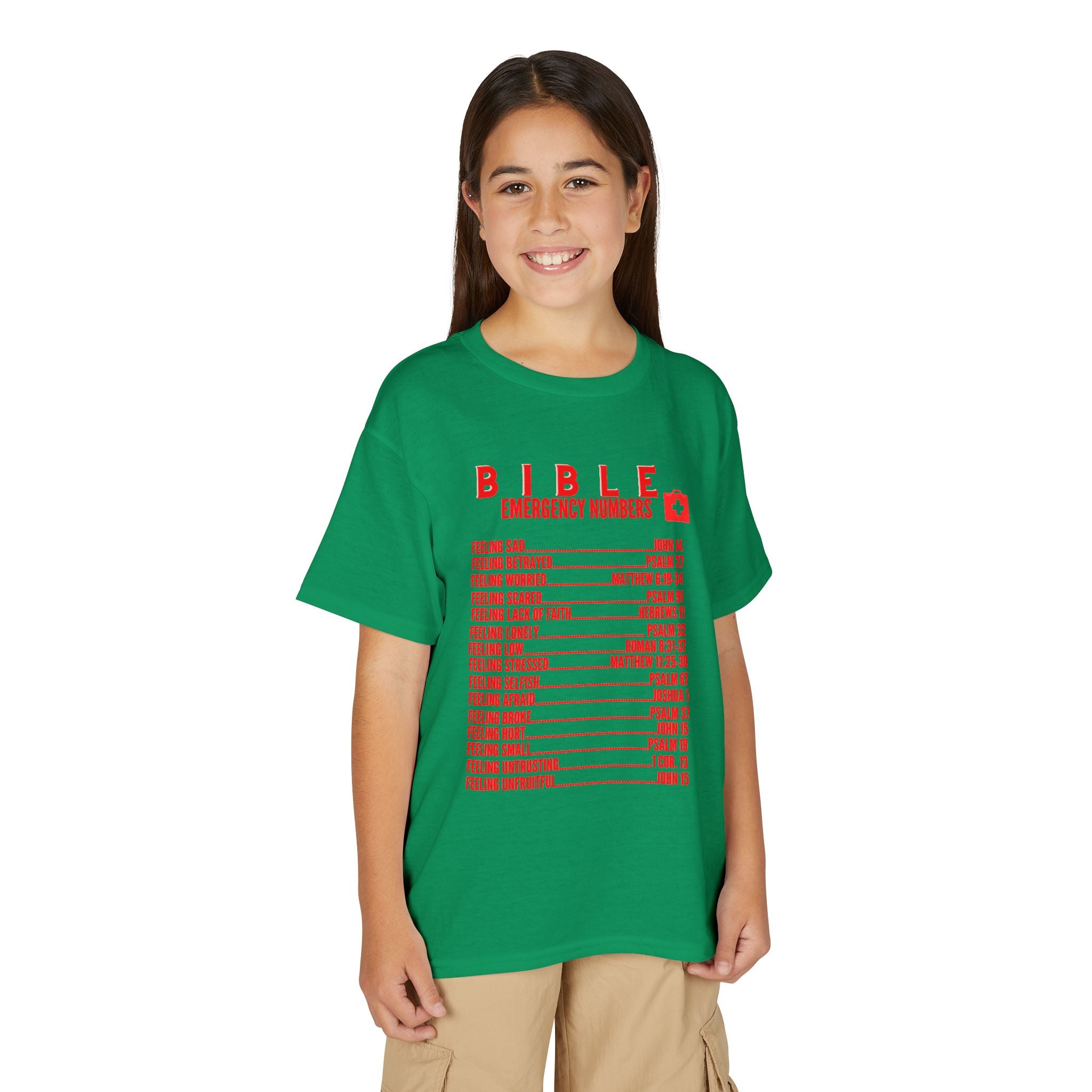 Bible Emergency Numbers Youth T-Shirt — Red