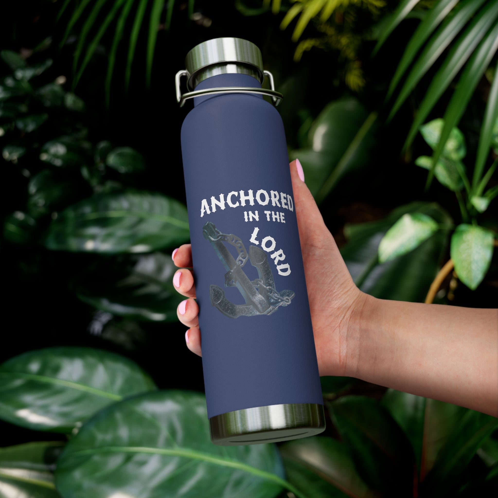 "Anchored in the Lord" 22oz Insulated Water Bottle — White