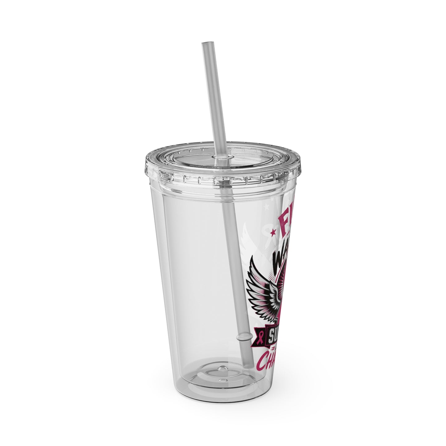 Fight Like a Warrior, Survive Like a Champion Breast Cancer Awareness 16oz Tumbler with Straw
