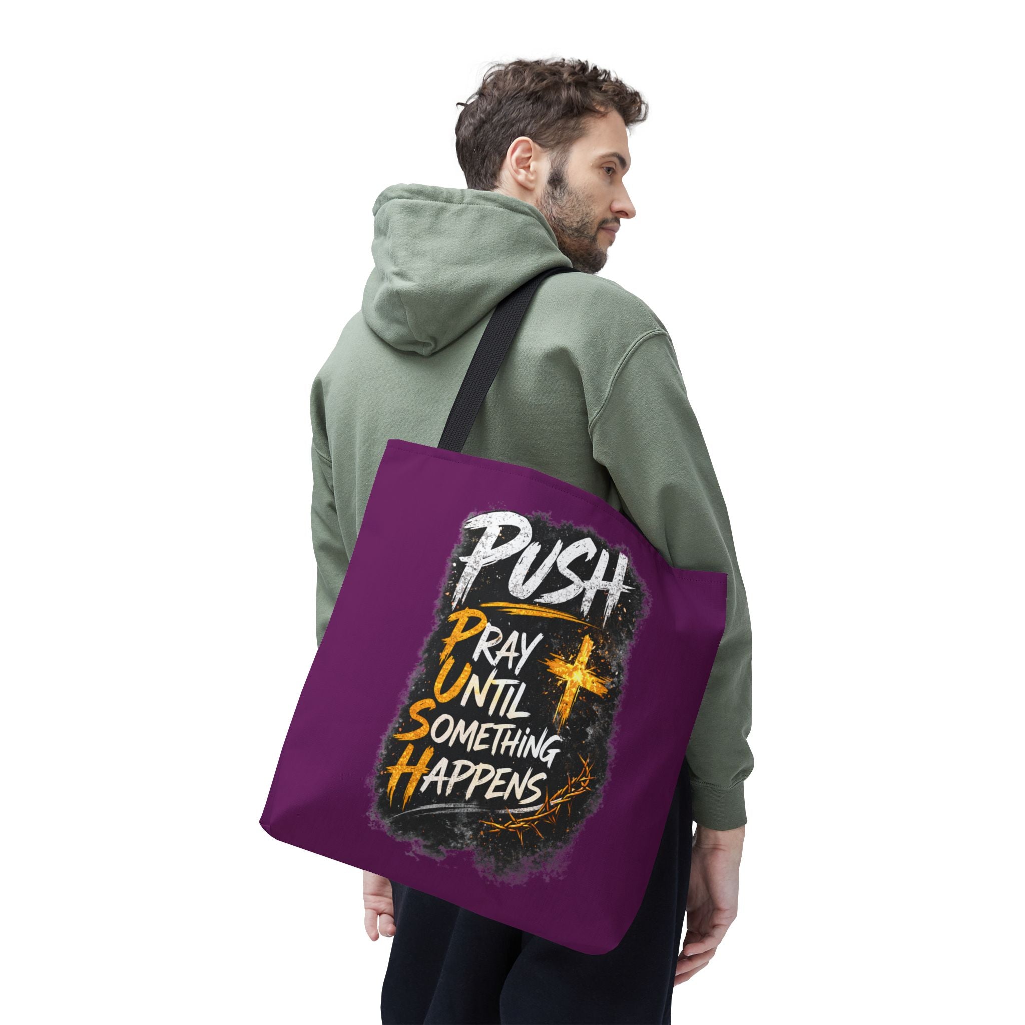 Push Pray Until Something Happens Purple Tote Bag