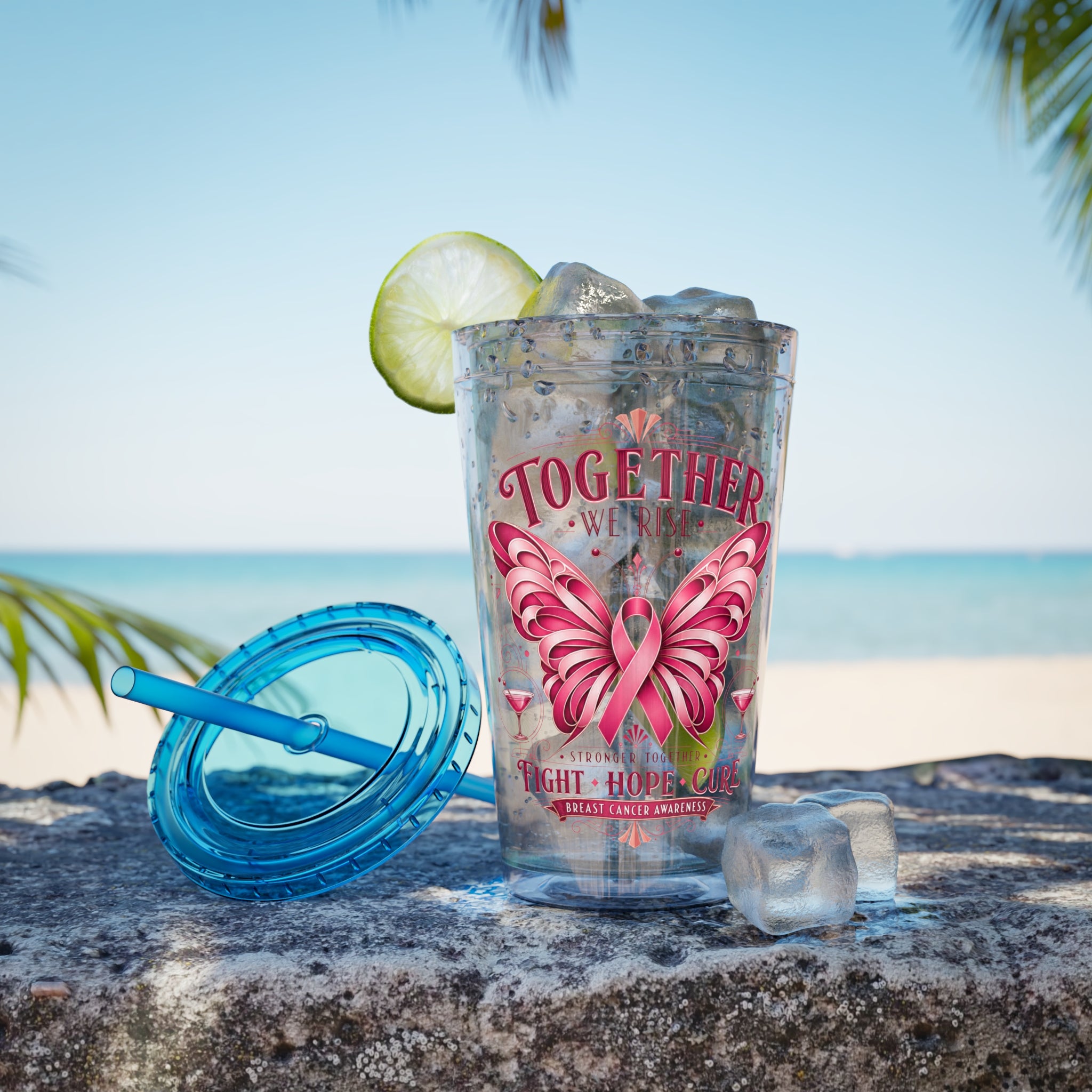 Together We Rise Butterfly Breast Cancer 16oz Tumbler with Straw