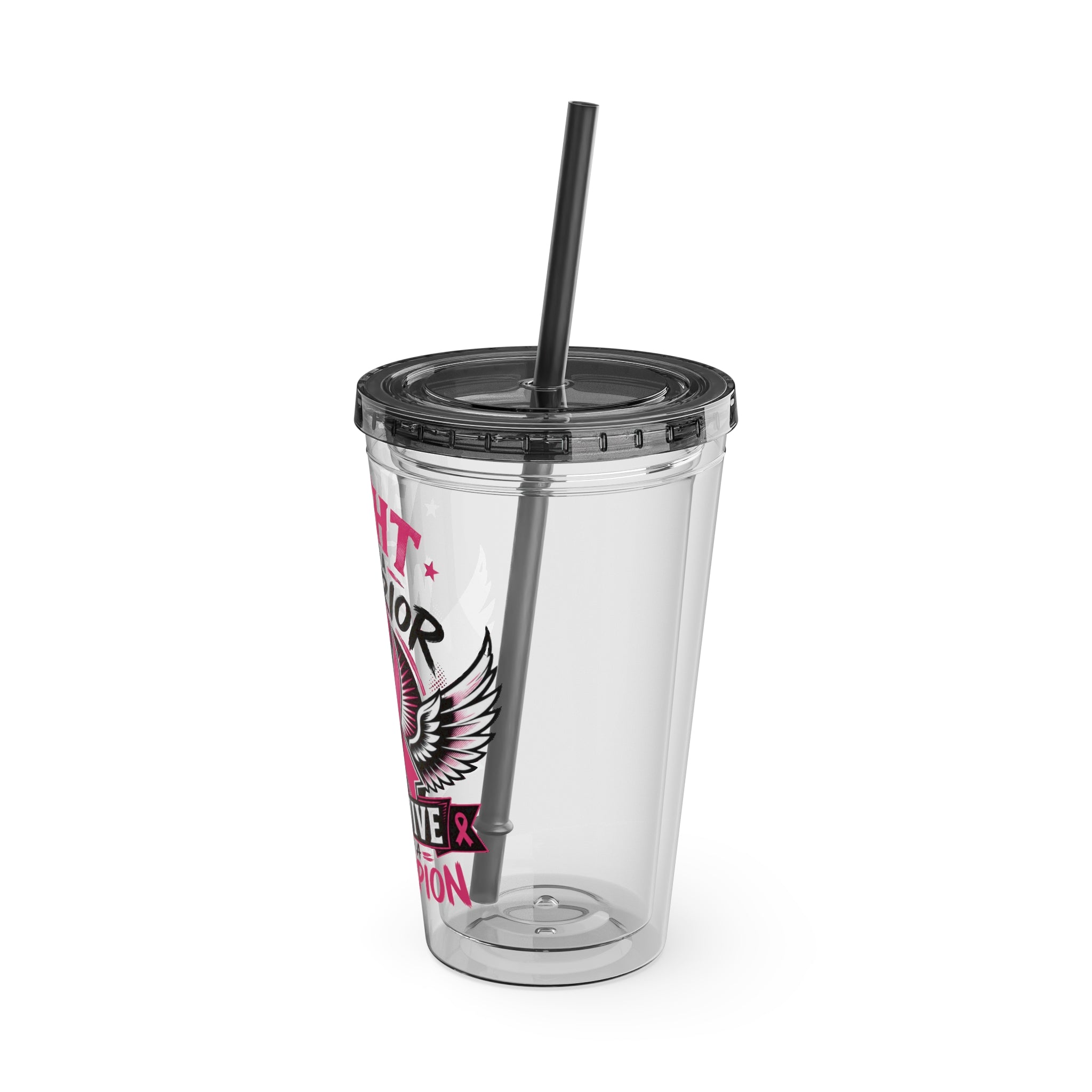 Fight Like a Warrior, Survive Like a Champion Breast Cancer Awareness 16oz Tumbler with Straw