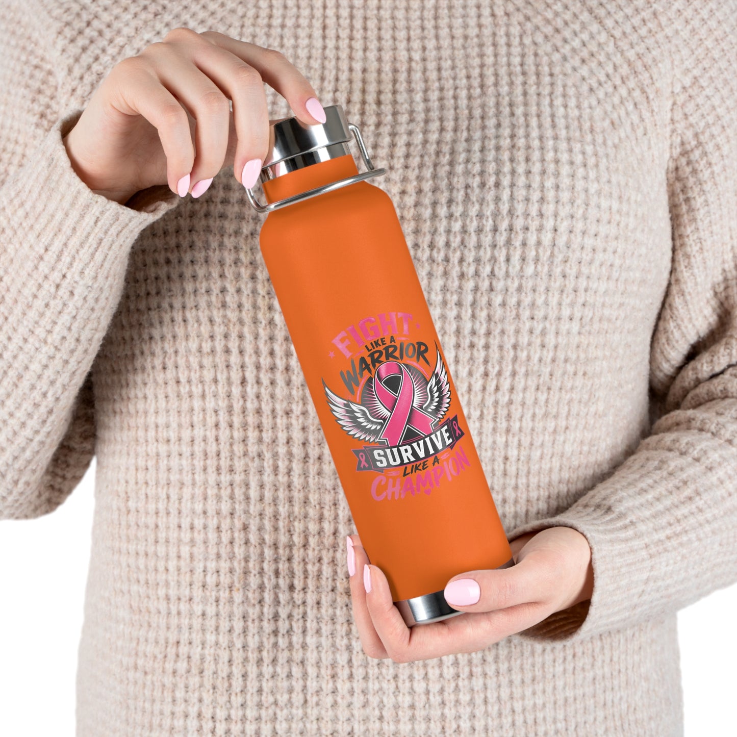 Fight Warrior Survive Champion Pink Ribbon 22oz Insulated Water Bottle