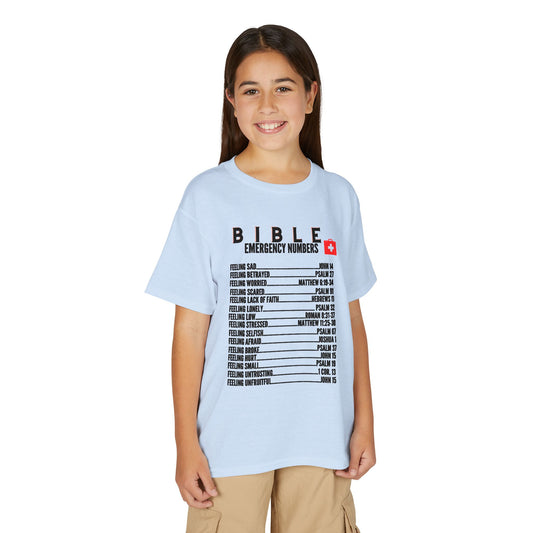 Bible Emergency Numbers Youth T-Shirt — Black