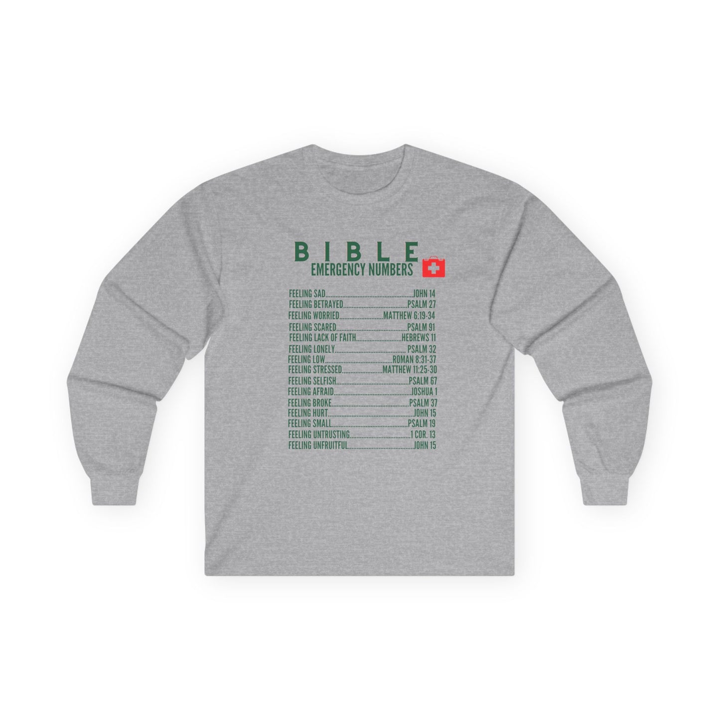 Bible Emergency Numbers Long Sleeve Tee - Green