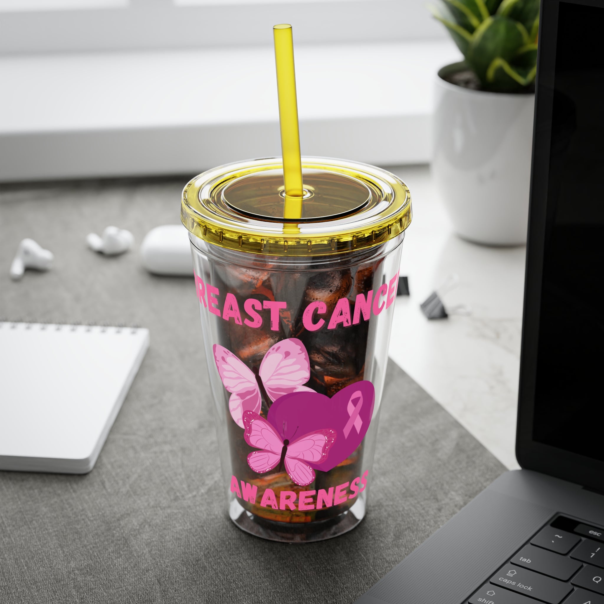 Breast Cancer Awareness 16oz Tumbler with Straw - Butterfly, Heart