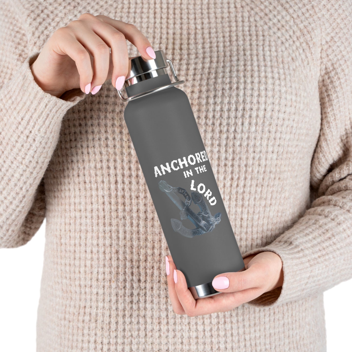 "Anchored in the Lord" 22oz Insulated Water Bottle — White