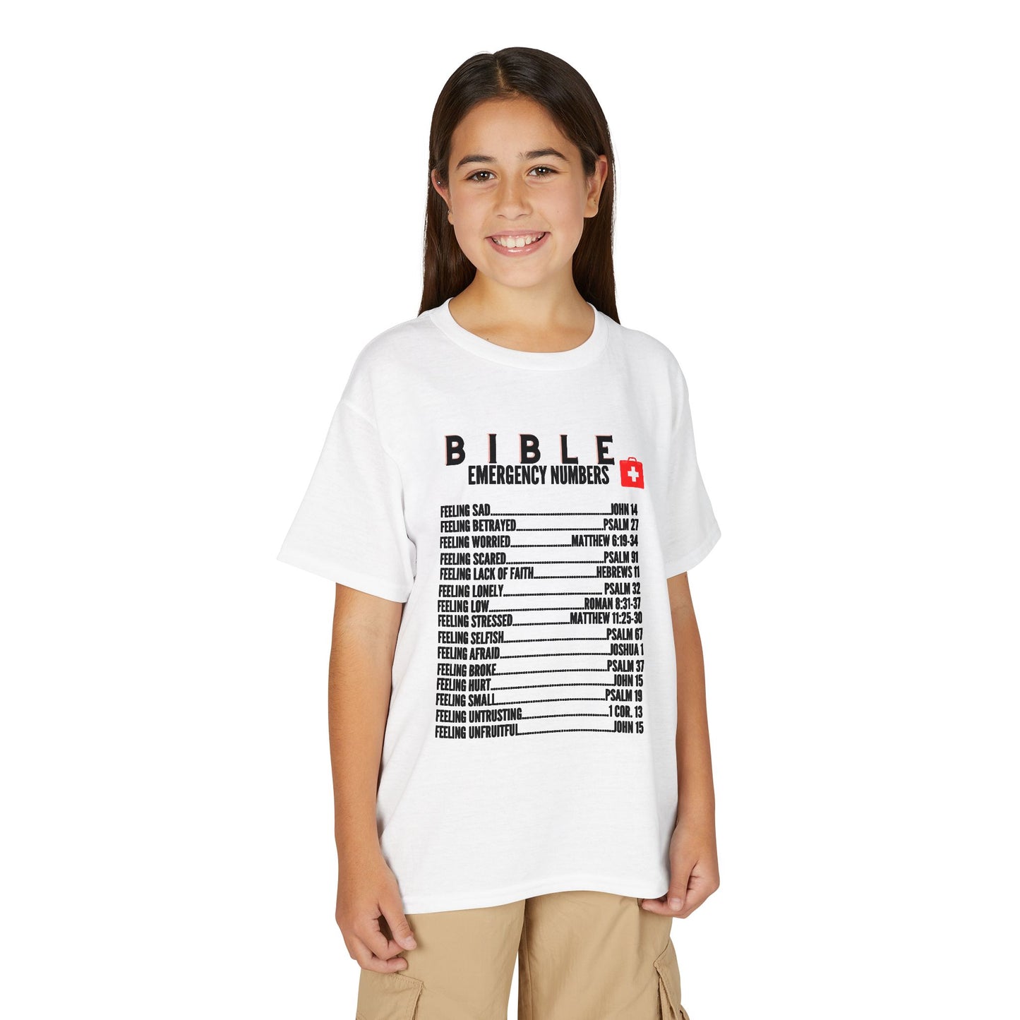 Bible Emergency Numbers Youth T-Shirt — Black