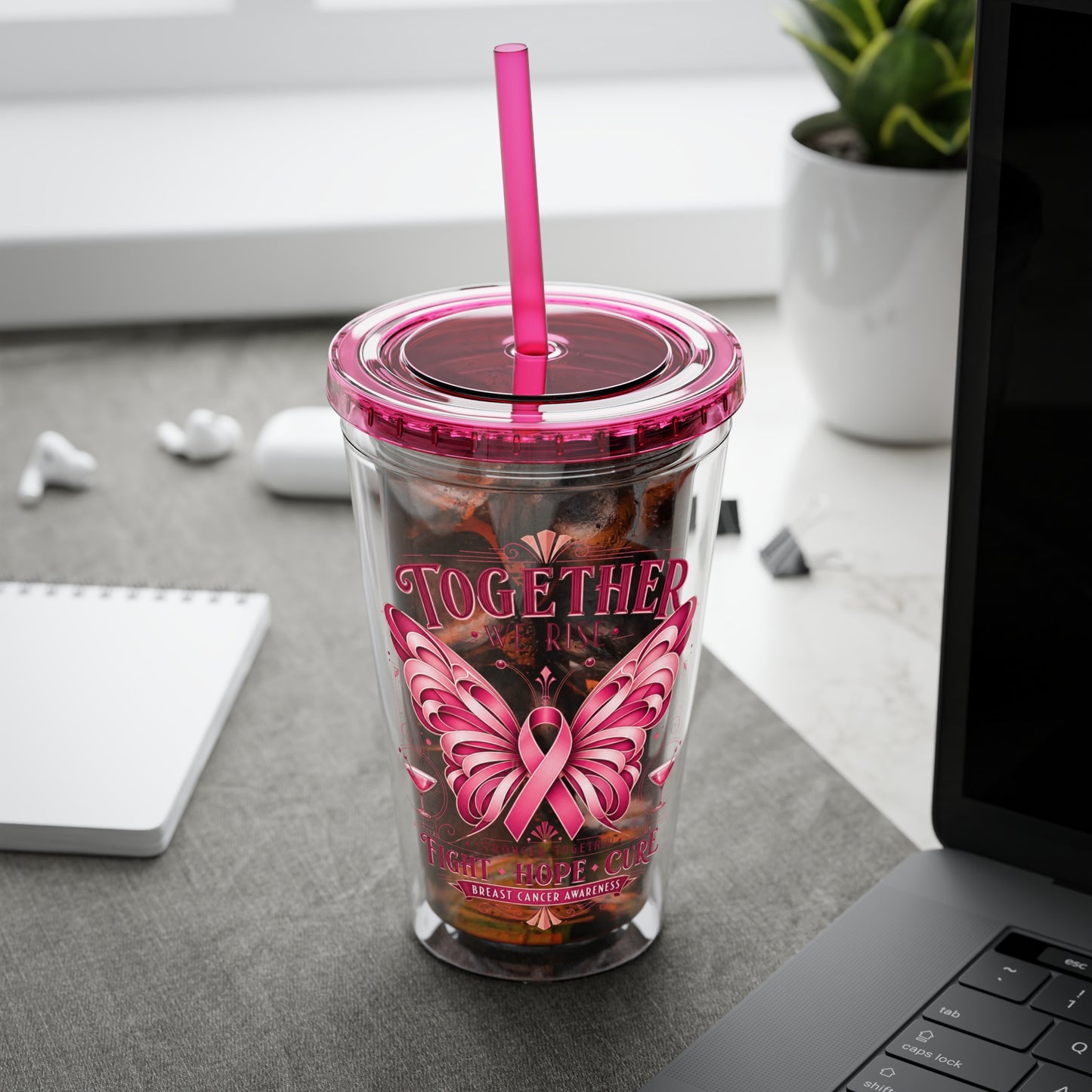 Together We Rise Butterfly Breast Cancer 16oz Tumbler with Straw