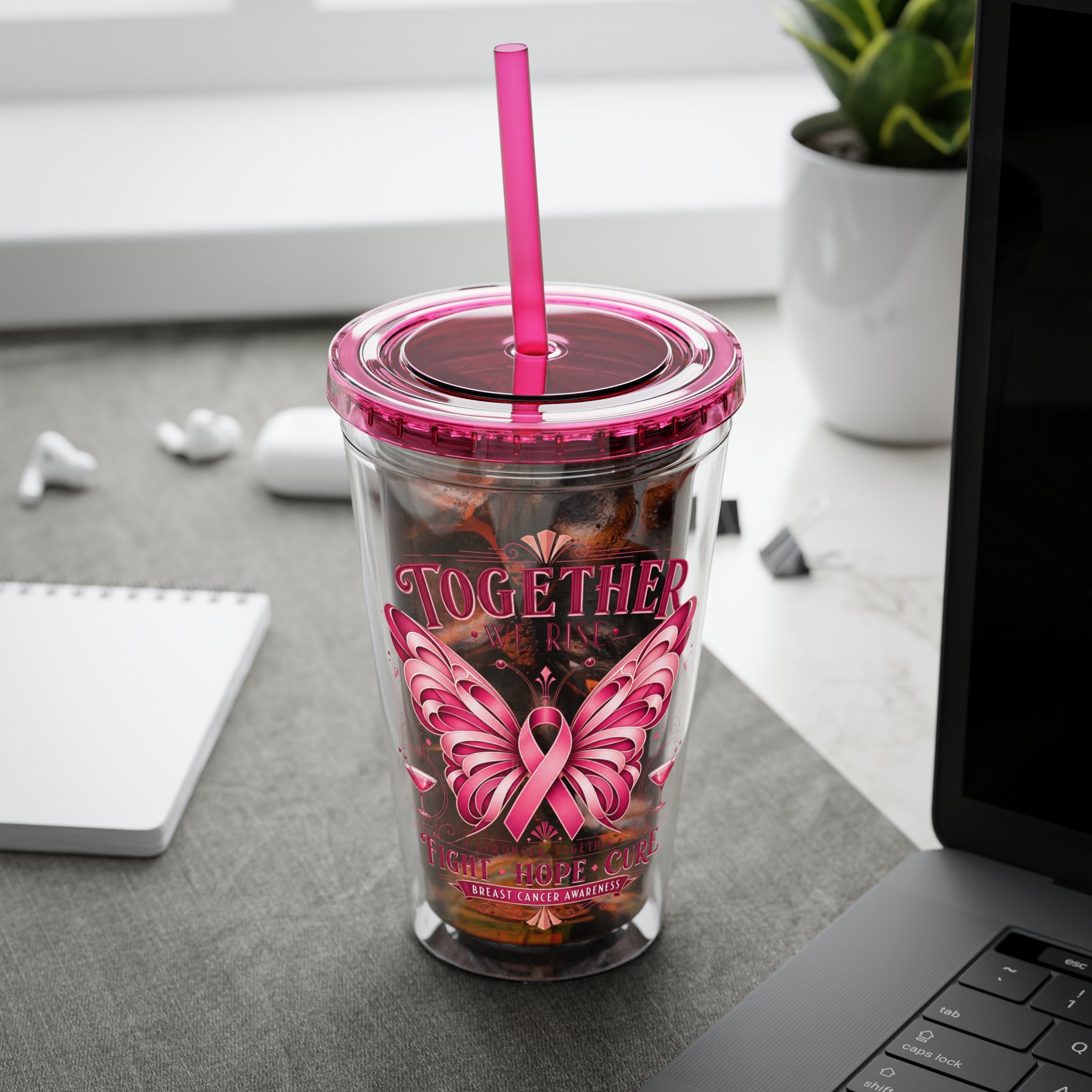 Together We Rise Butterfly Breast Cancer 16oz Tumbler with Straw