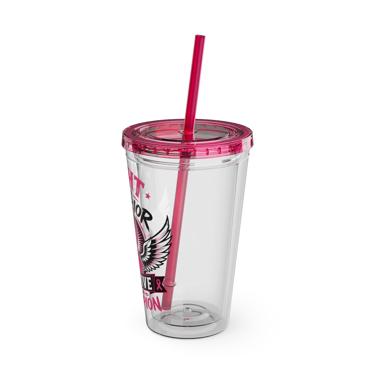 Fight Like a Warrior, Survive Like a Champion Breast Cancer Awareness 16oz Tumbler with Straw