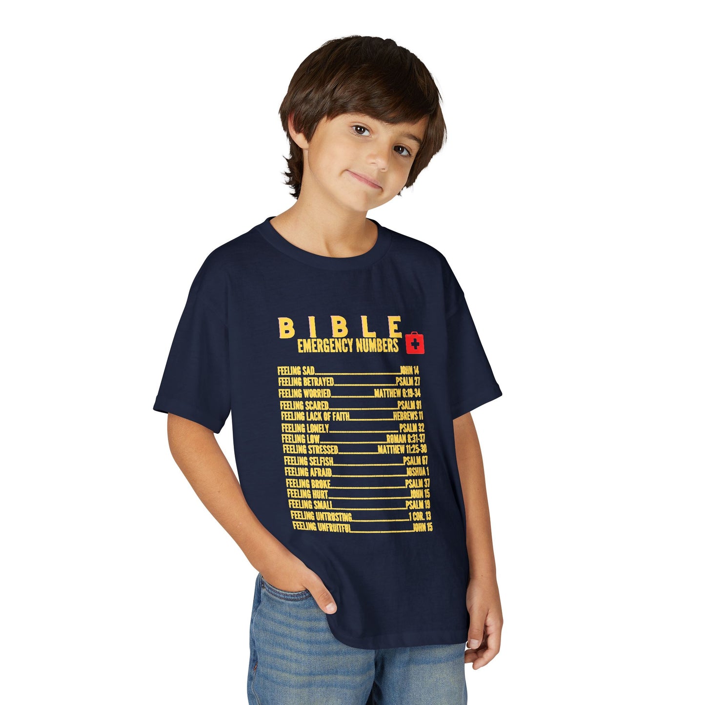 Bible Emergency Numbers Youth T-Shirt — Yellow